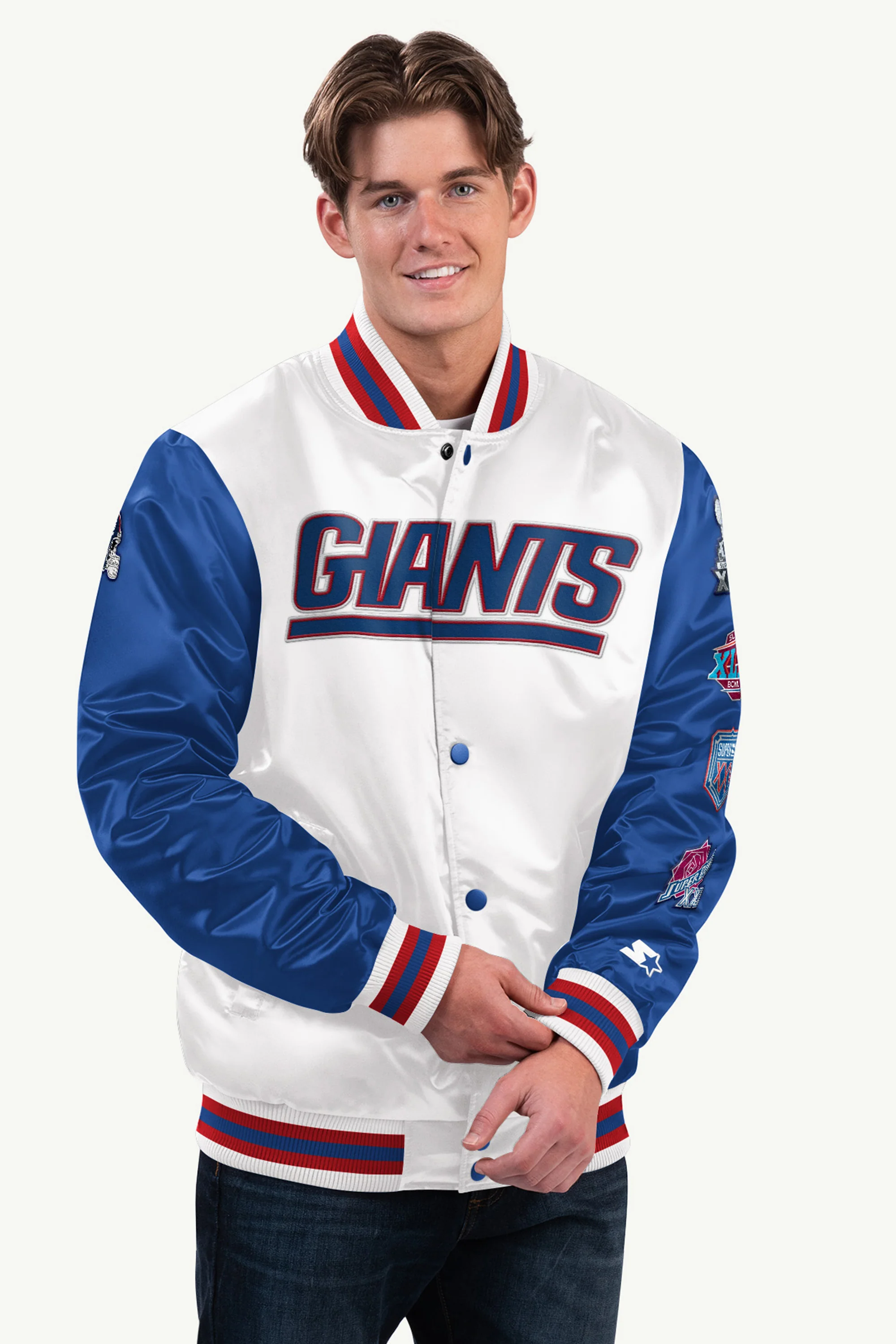 MENS NEW YORK GIANTS SATIN VARSITY JACKET