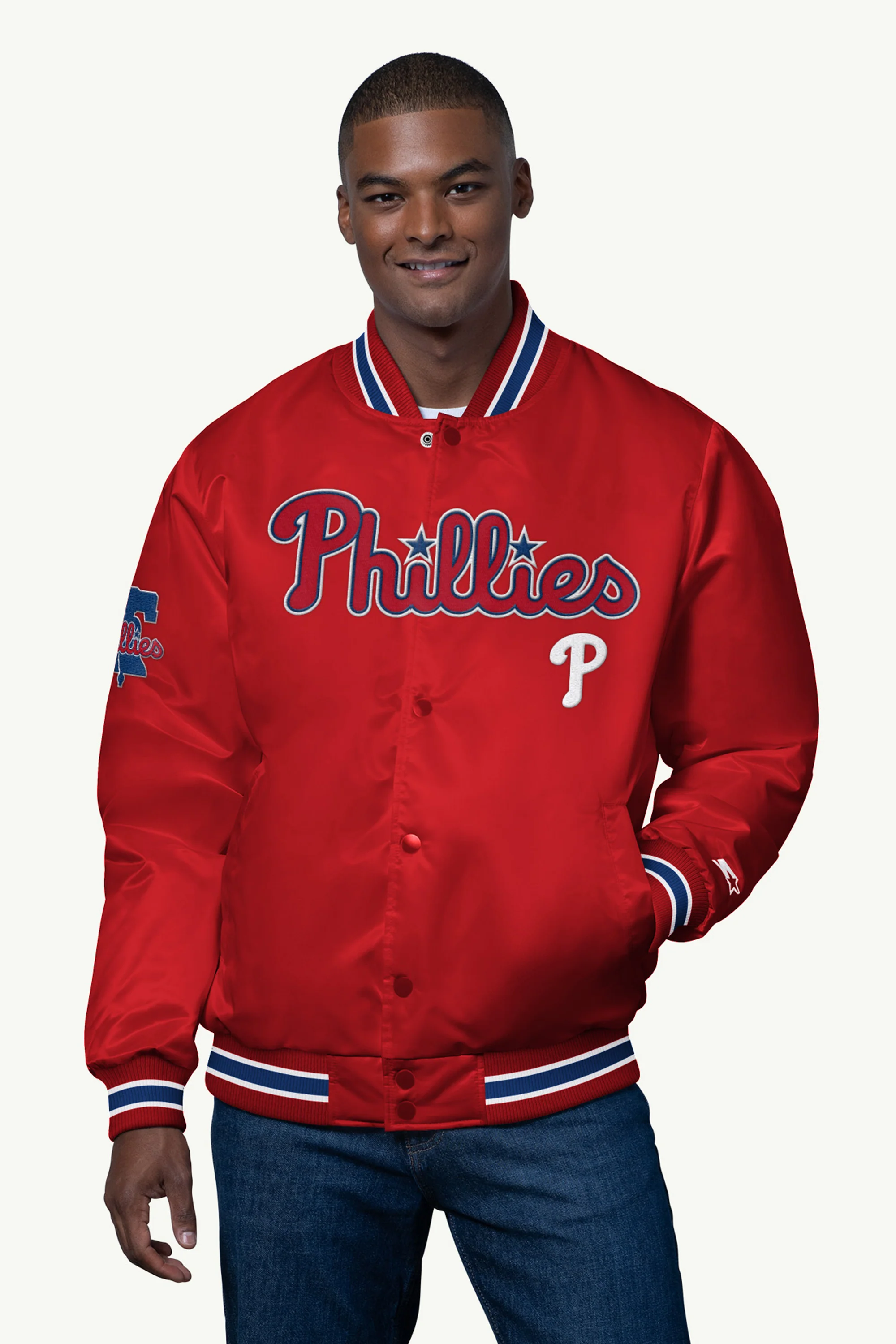 MENS PHILADELPHIA PHILLIES SATIN VARSITY JACKET