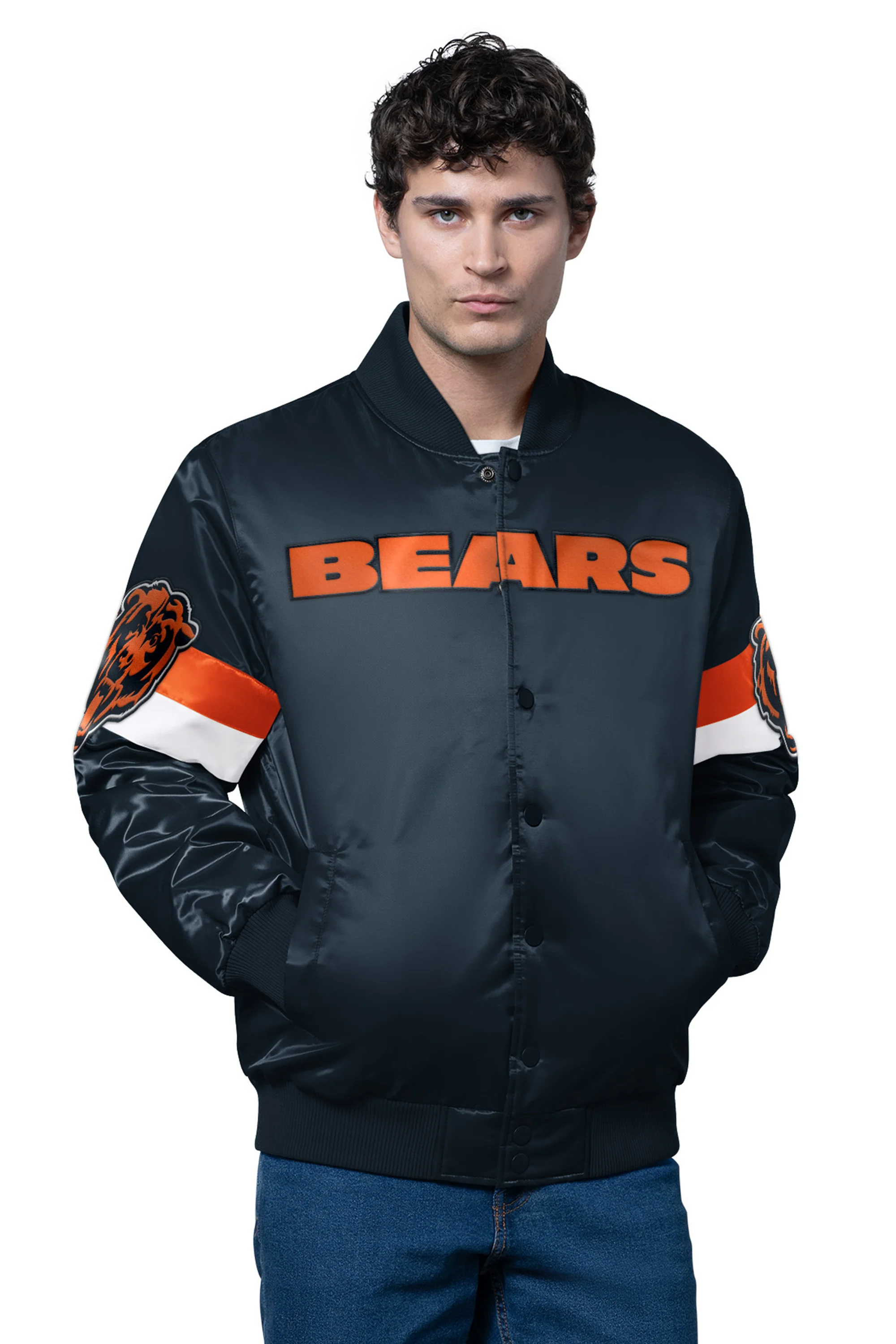 MENS CHICAGO BEARS TRIPLE OPTION SATIN VARSITY JACKET