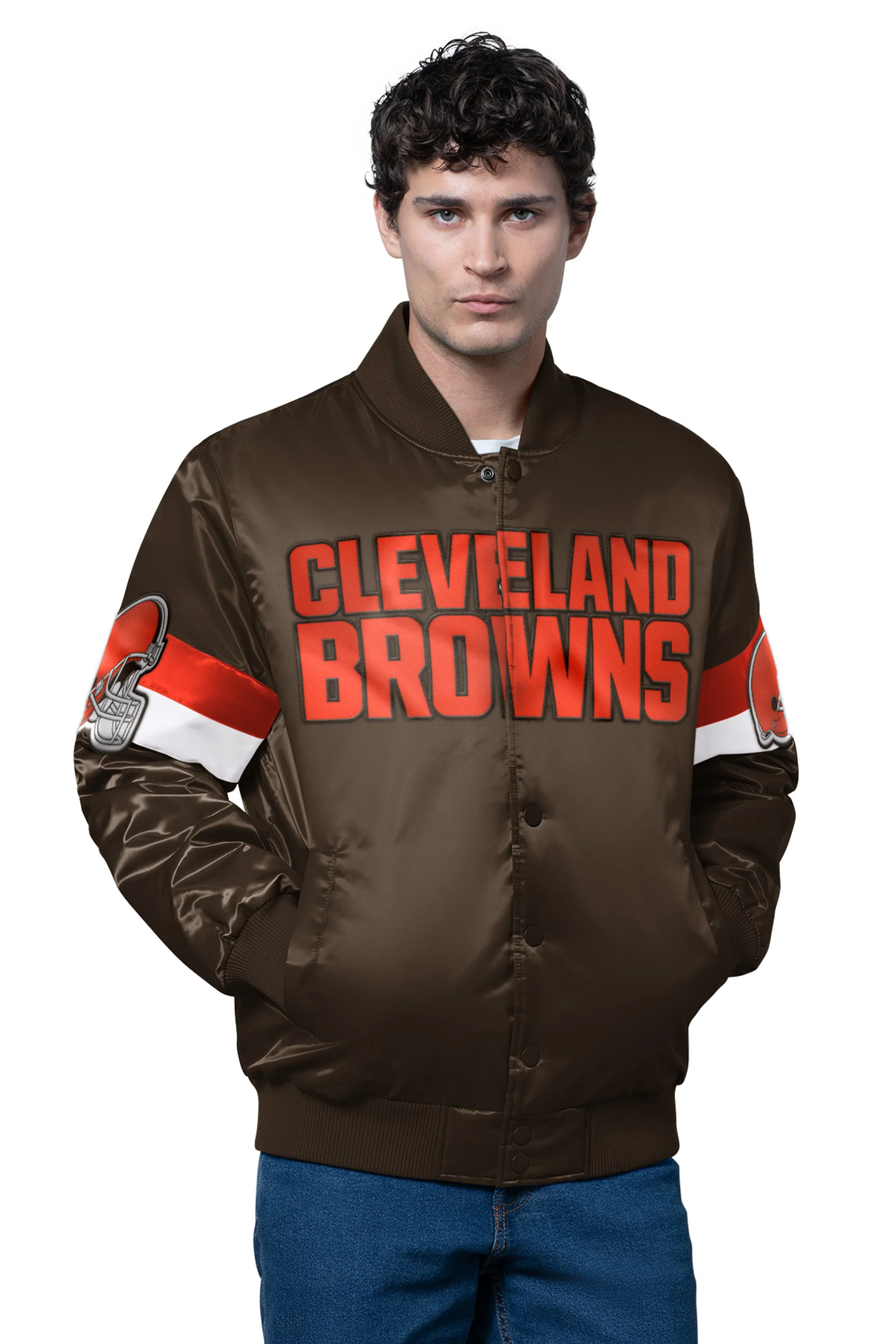 MENS CLEVELAND BROWNS TRIPLE OPTION SATIN VARSITY JACKET