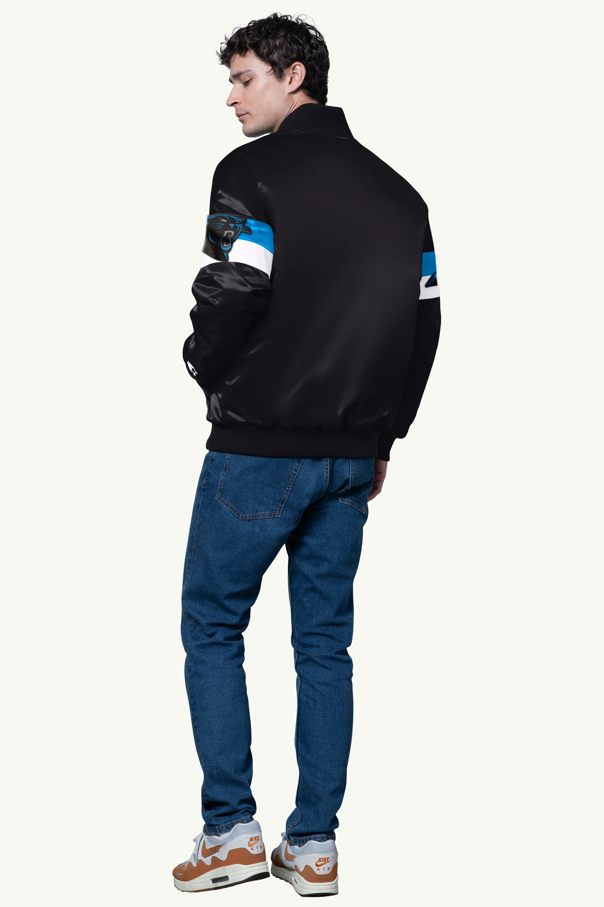MENS CAROLINA PANTHERS TRIPLE OPTION SATIN VARSITY JACKET - Image 2