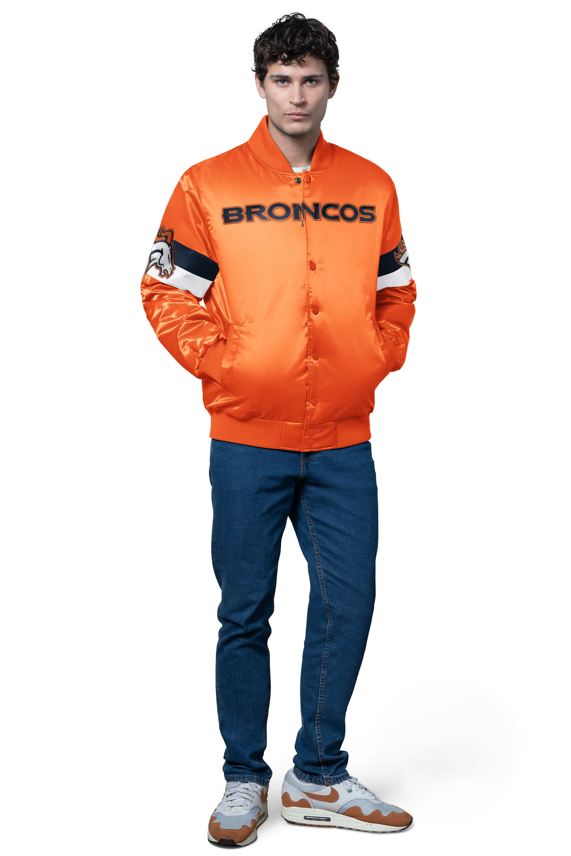 MENS DENVER BRONCOS TRIPLE OPTION SATIN VARSITY JACKET - Image 3