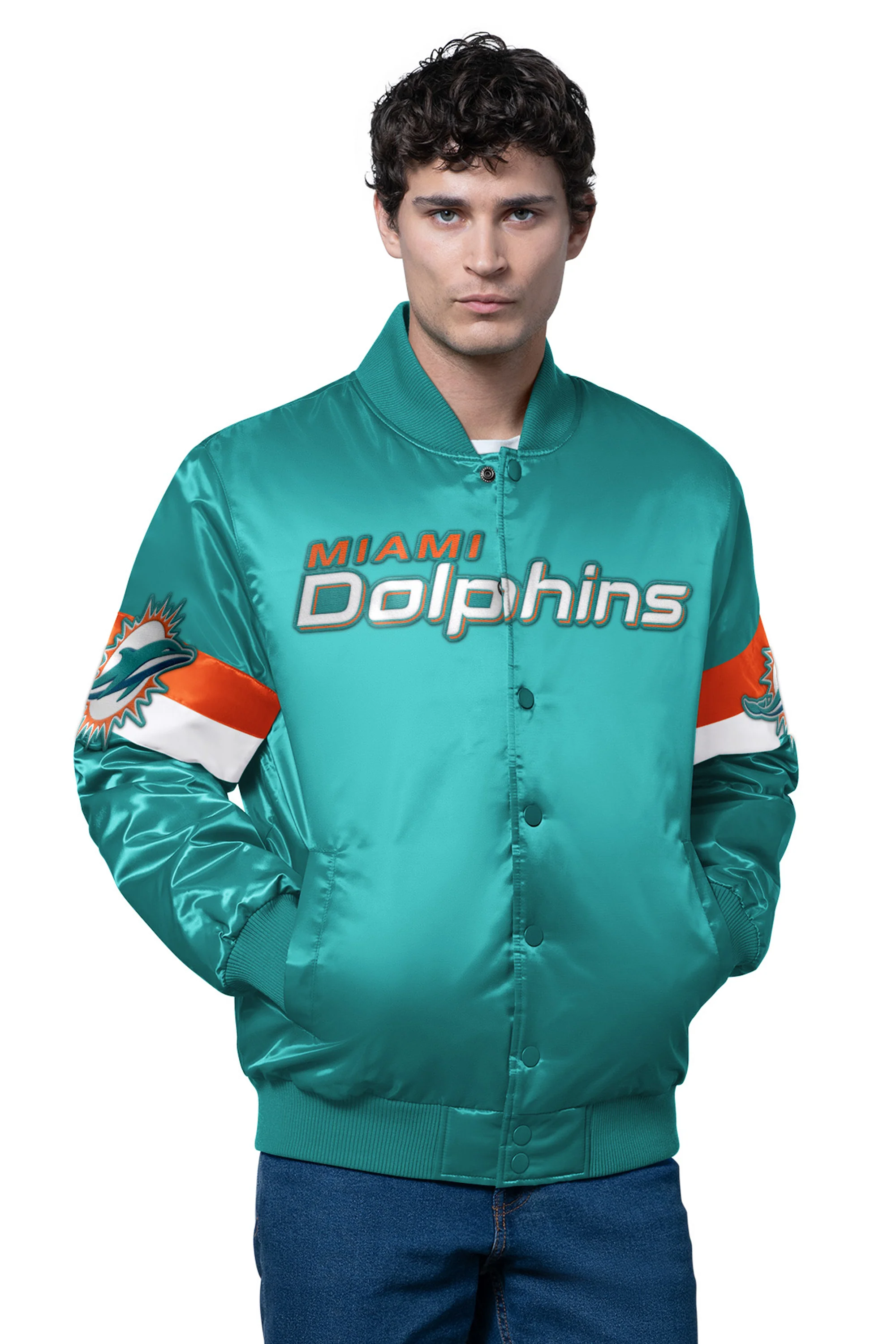 MENS MIAMI DOLPHINS TRIPLE OPTION SATIN VARSITY JACKET