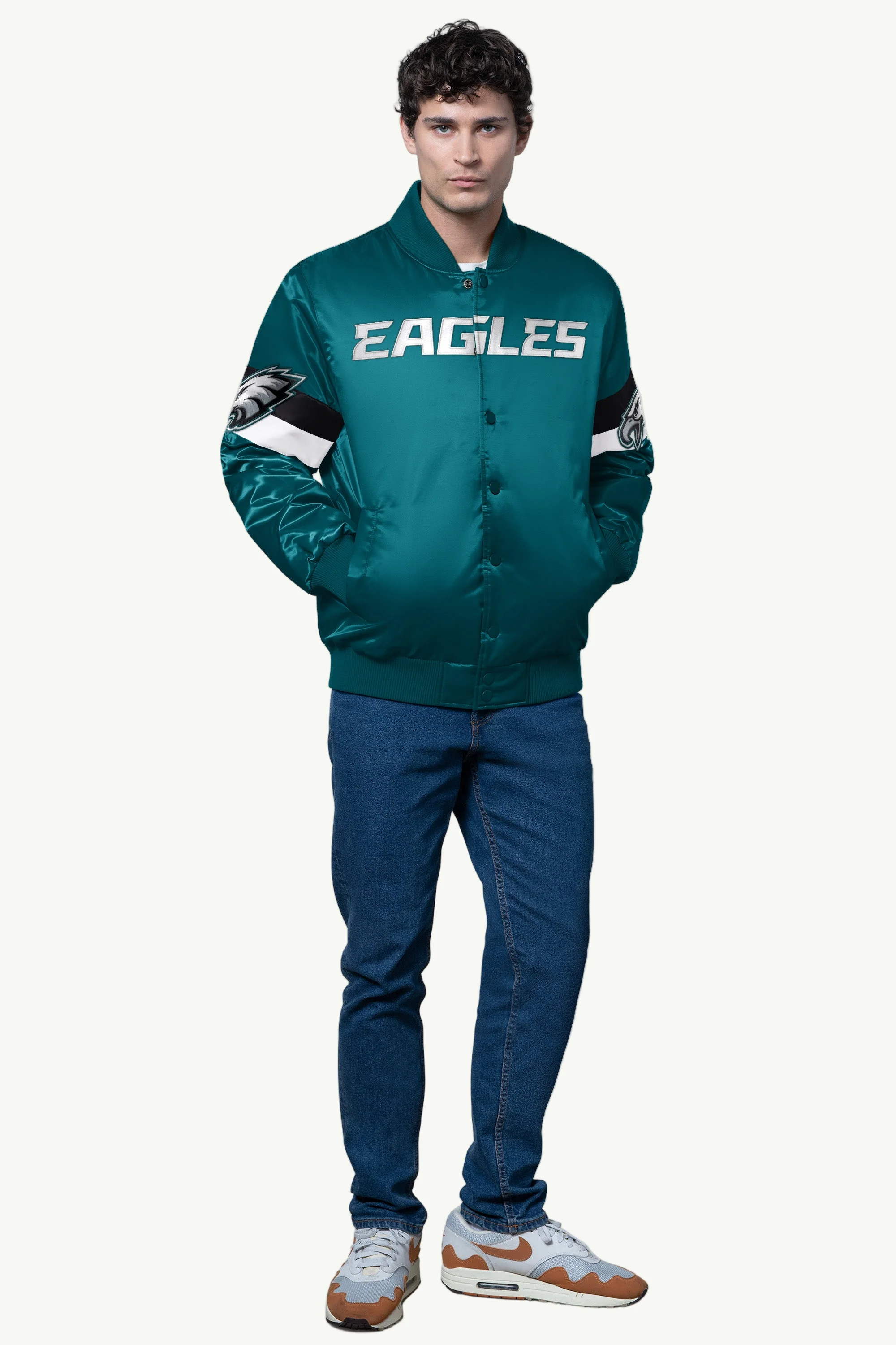 MENS PHILADELPHIA EAGLES TRIPLE OPTION SATIN VARSITY JACKET - Image 3