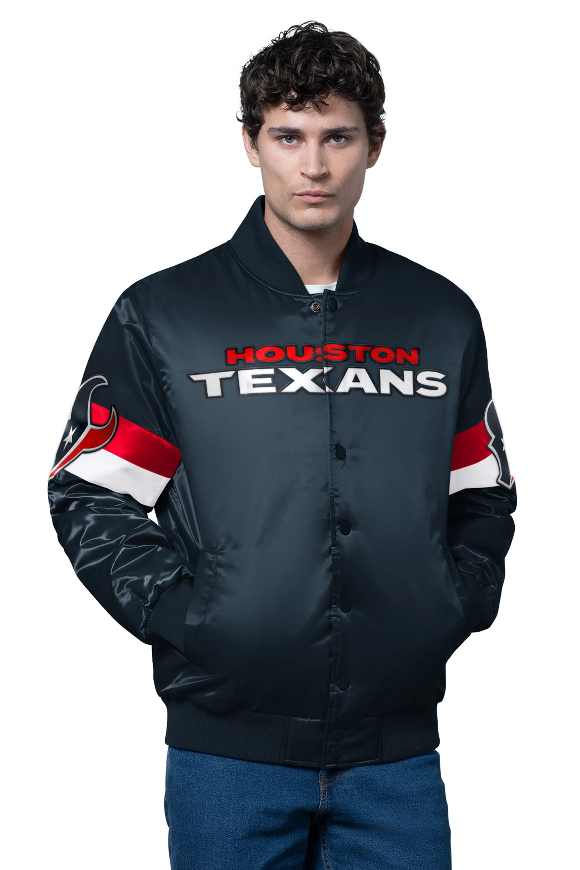 MENS HOUSTON TEXANS TRIPLE OPTION SATIN VARSITY JACKET
