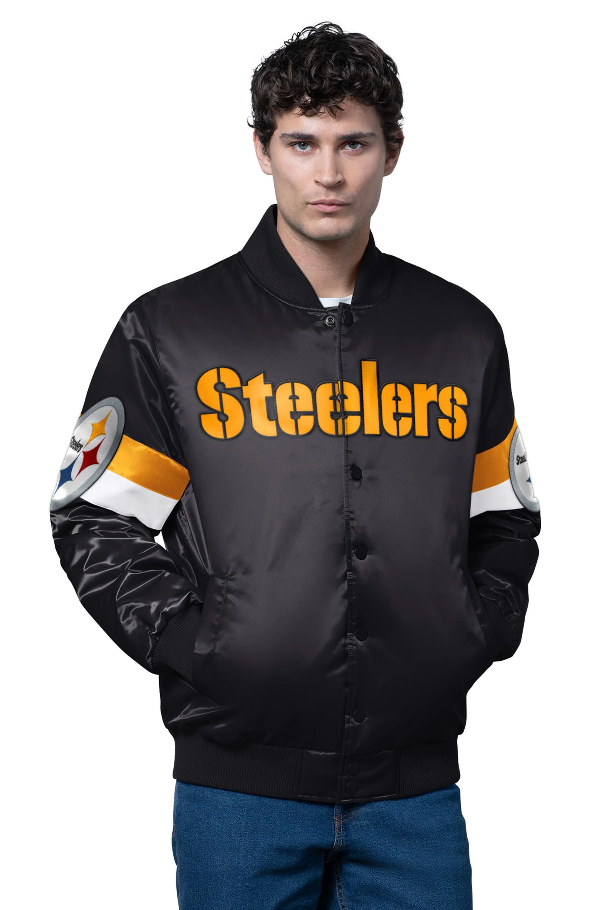 MENS PITTSBURGH STEELERS TRIPLE OPTION SATIN VARSITY JACKET