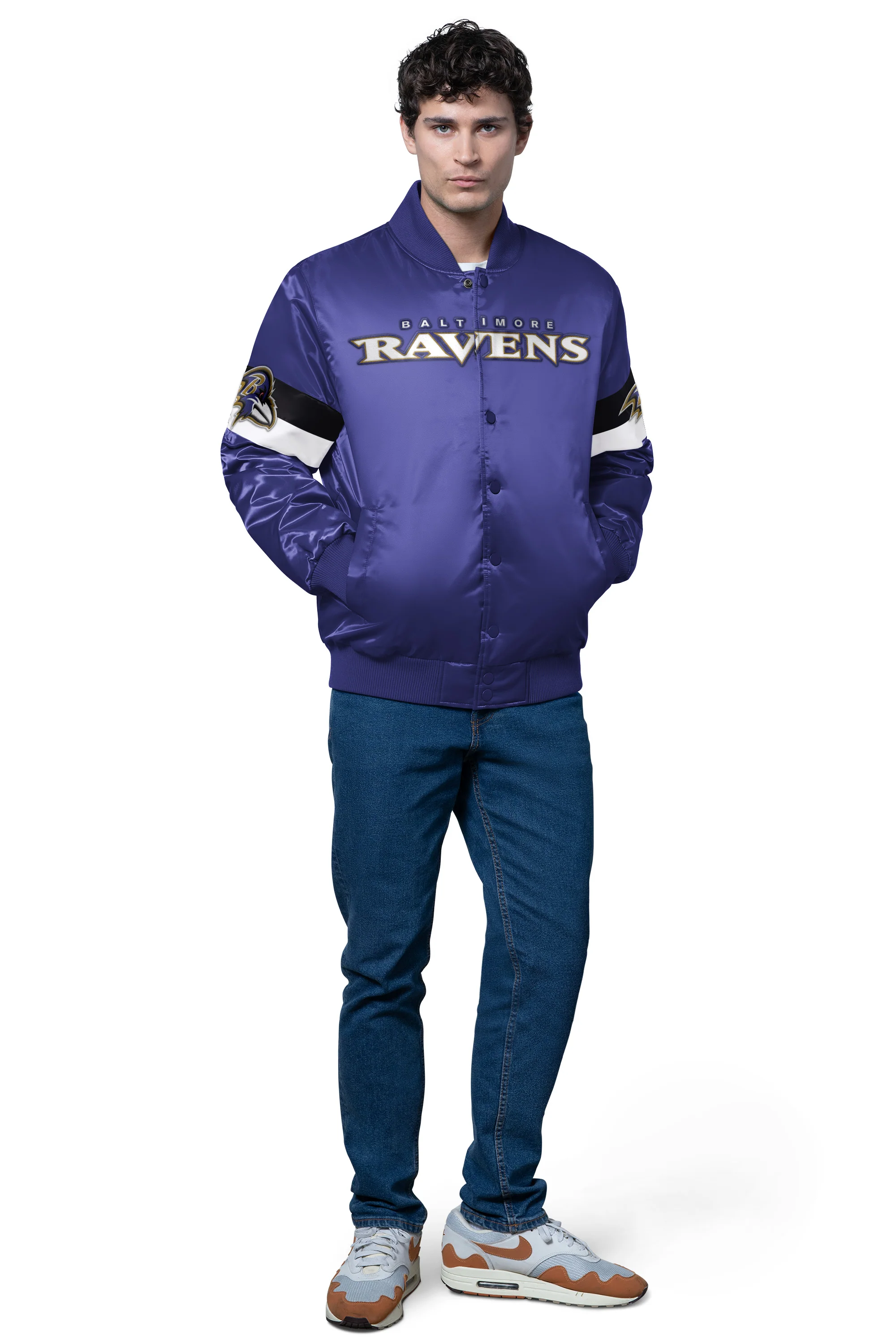 MENS BALTIMORE RAVENS TRIPLE OPTION SATIN VARSITY JACKET - Image 3