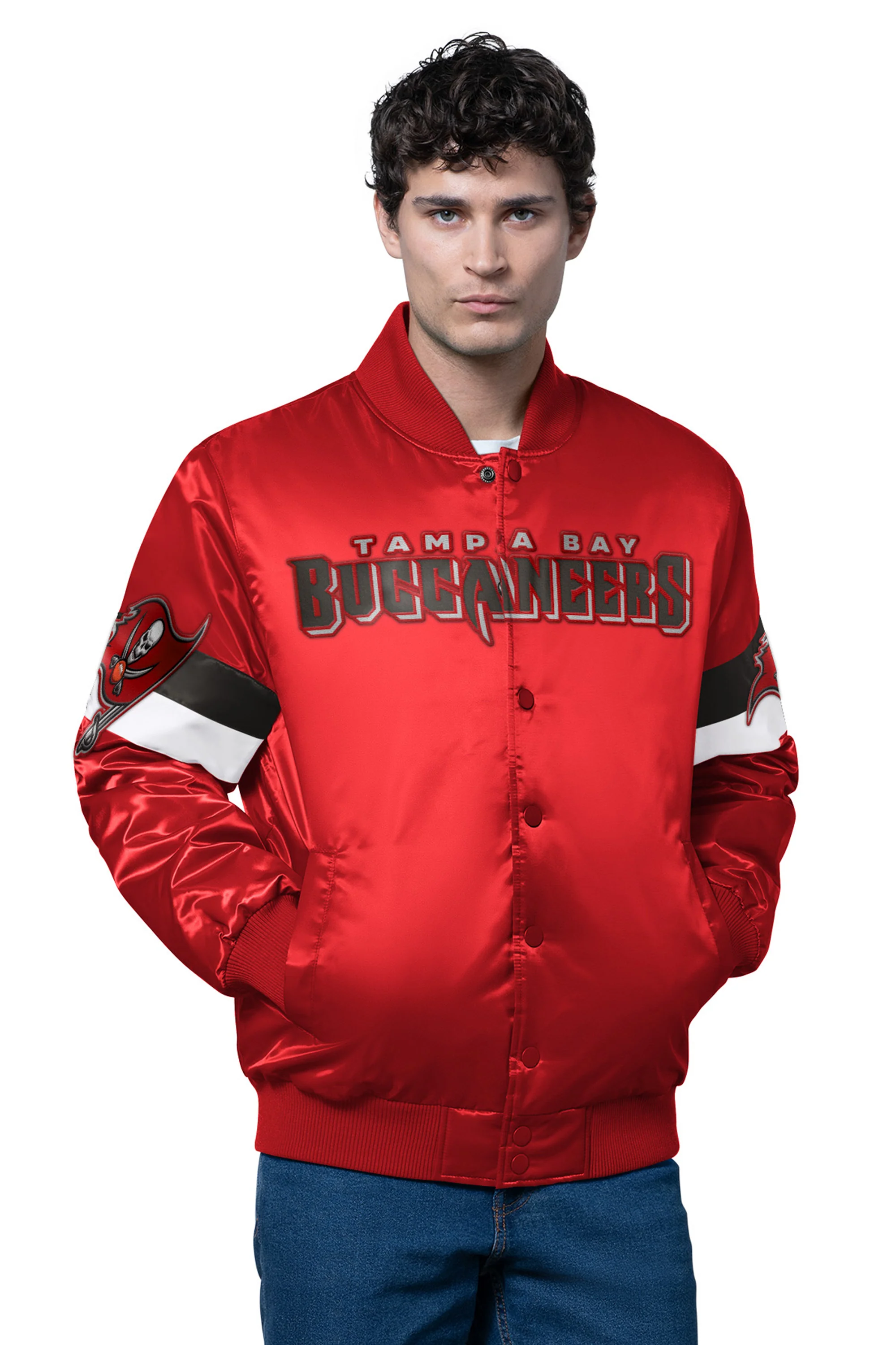 MENS TAMPA BAY BUCCANEERS TRIPLE OPTION SATIN VARSITY JACKET