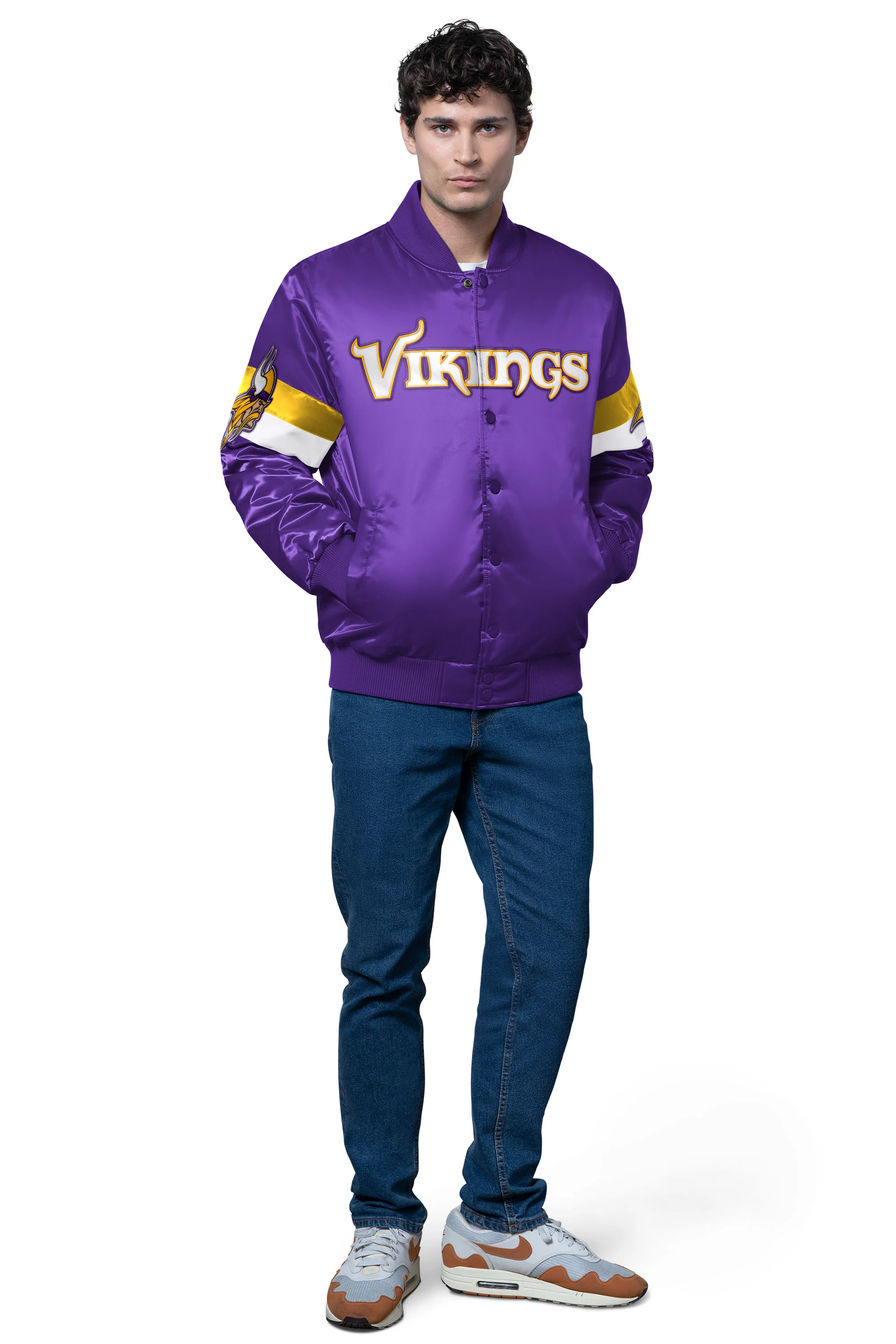 MENS MINNESOTA VIKINGS TRIPLE OPTION SATIN VARSITY JACKET - Image 2