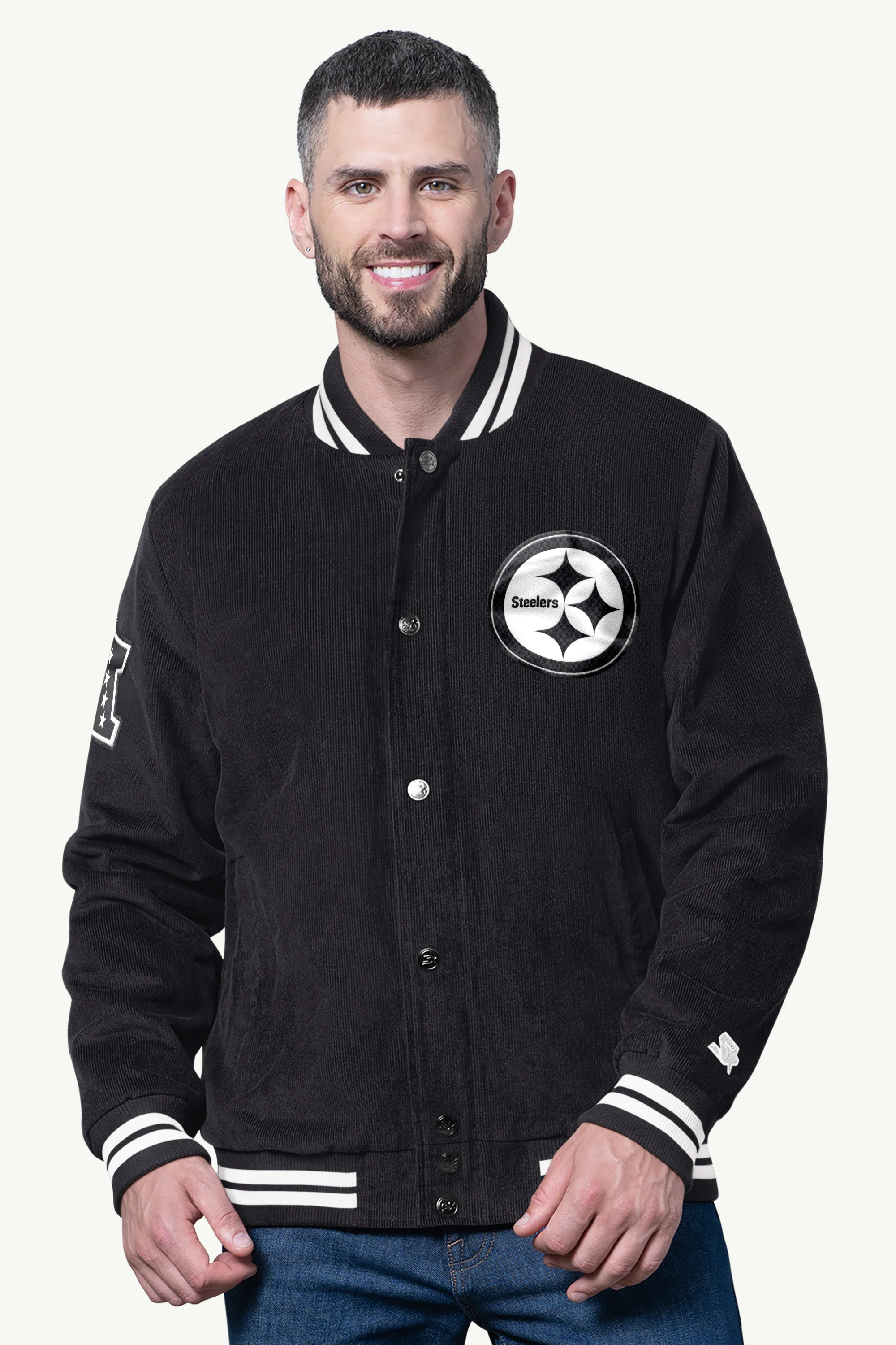 MENS PITTSBURGH STEELERS BLACKOUT CORDUROY VARSITY JACKET