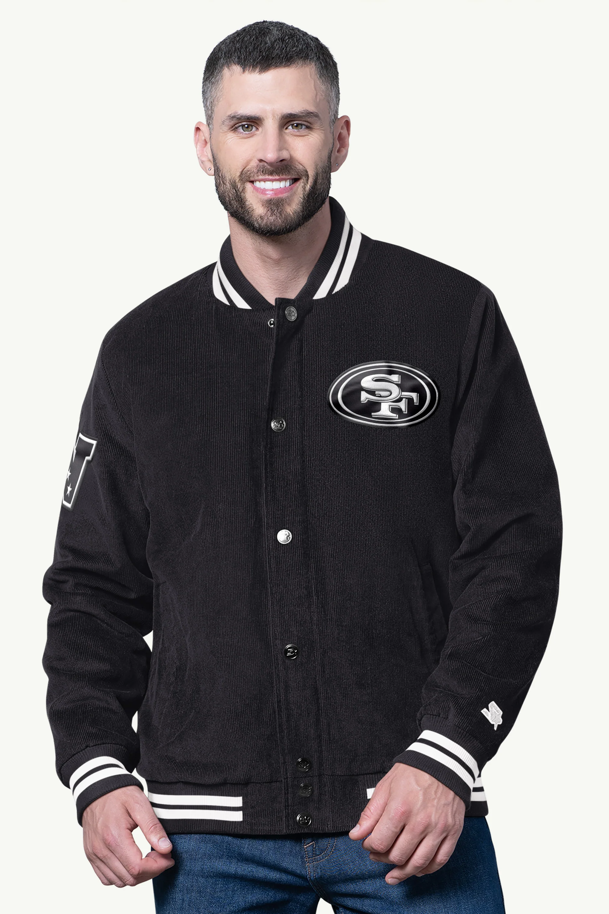 MENS SAN FRANCISCO 49ERS BLACKOUT CORDUROY VARSITY JACKET