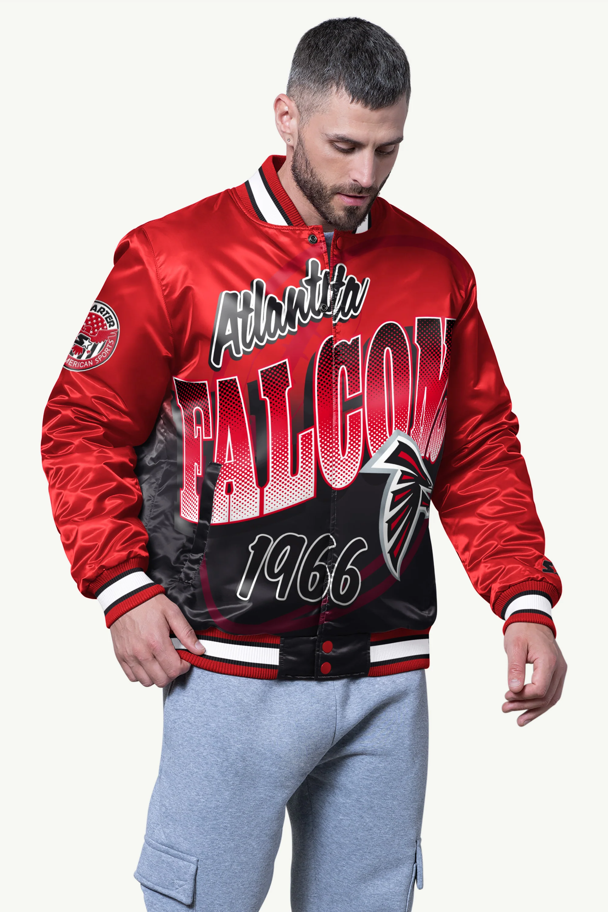 MENS ATLANTA FALCONS PASS RUSH SATIN VARSITY JACKET