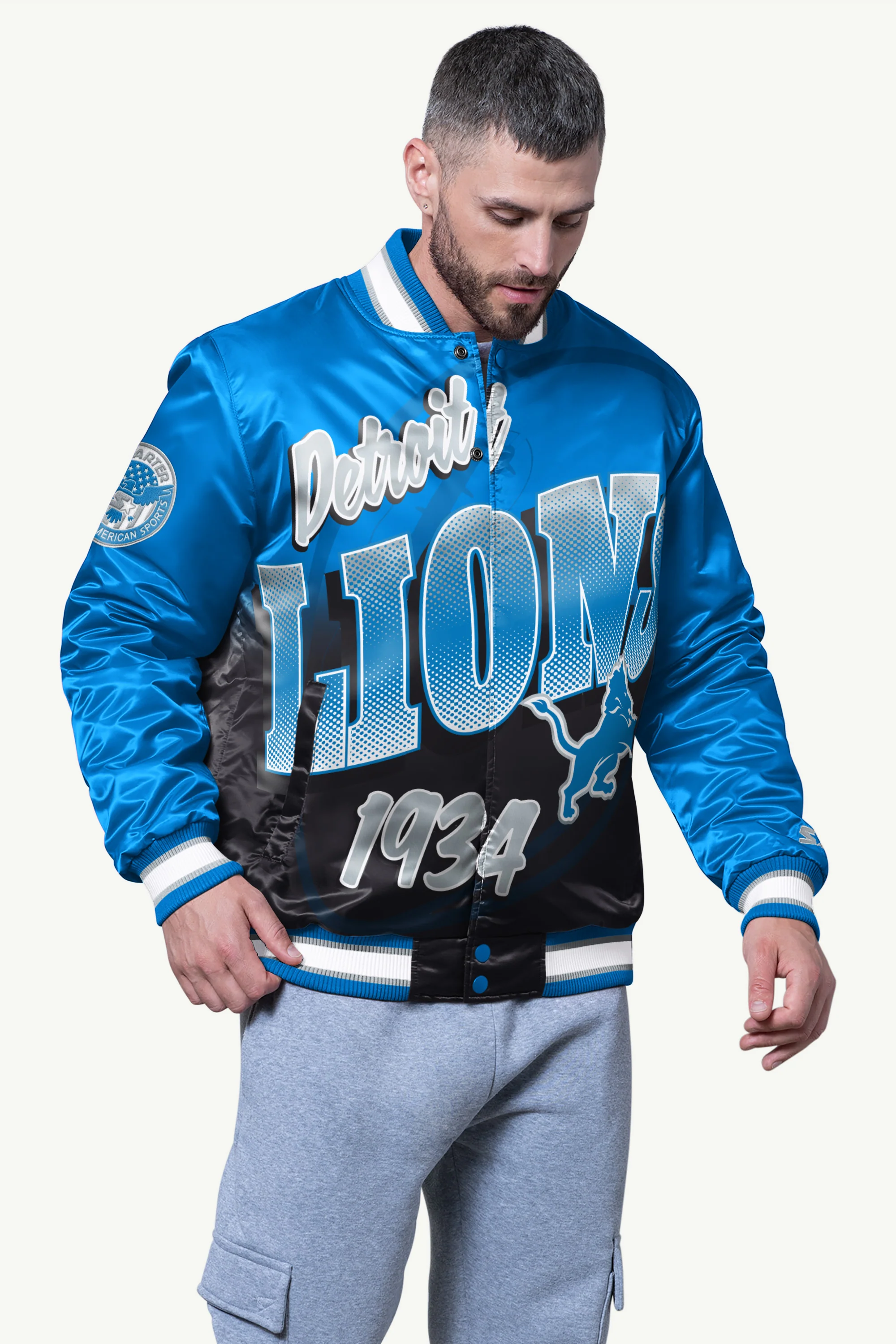 MENS DETROIT LIONS PASS RUSH SATIN VARSITY JACKET