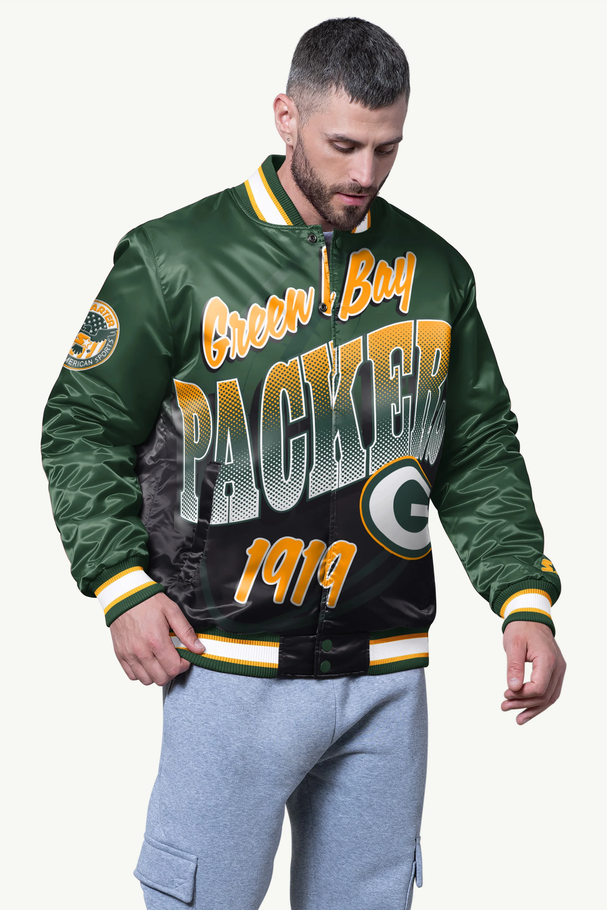 MENS GREEN BAY PACKERS PASS RUSH SATIN VARSITY JACKET