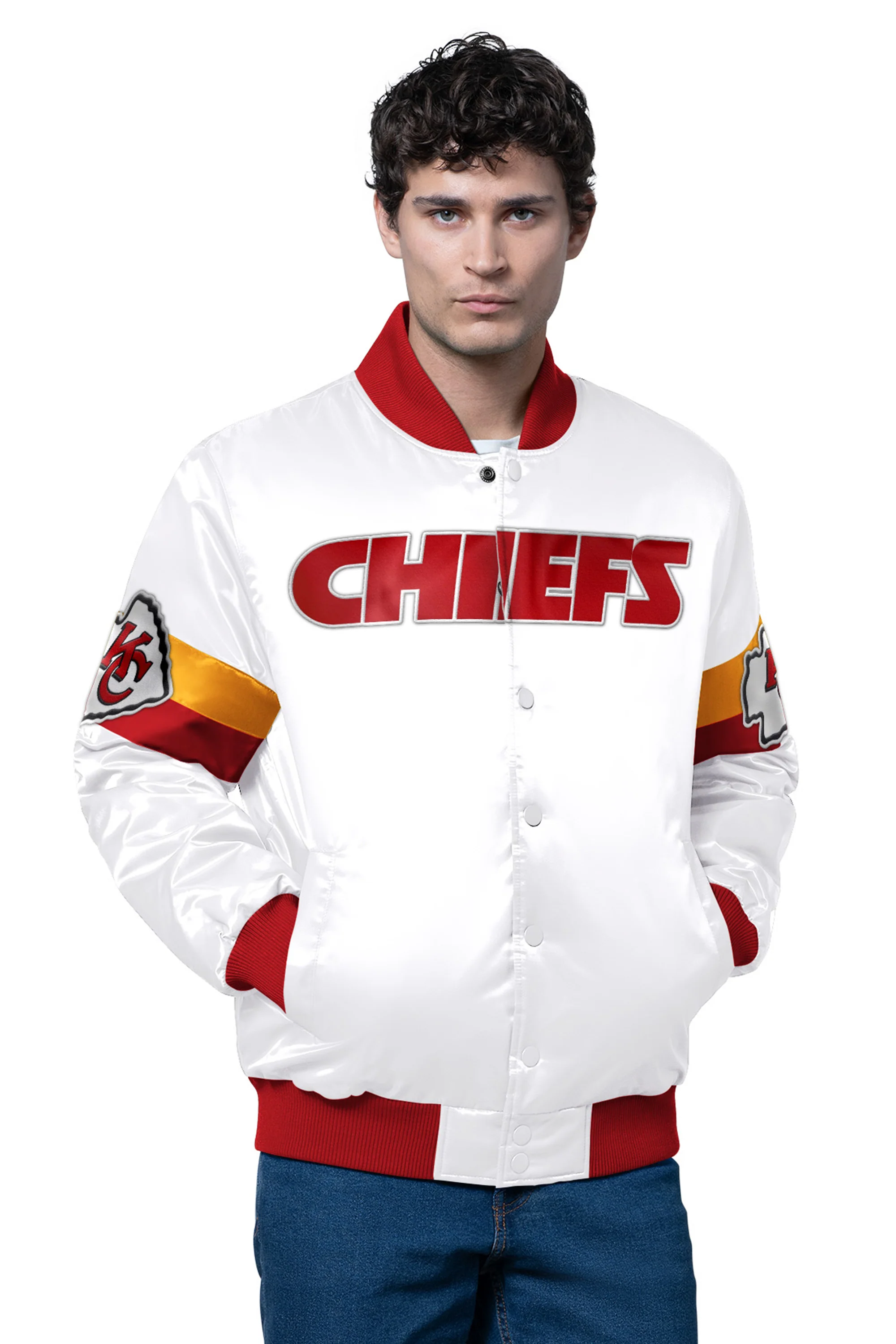 MENS KANSAS CITY CHIEFS TRIPLE OPTION SATIN VARSITY JACKET