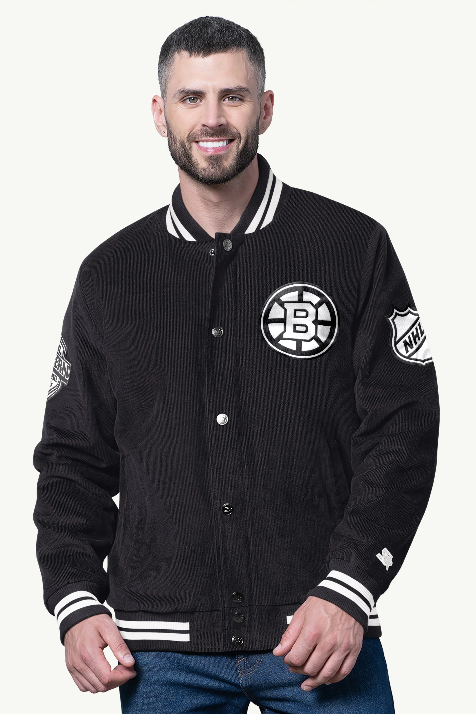 MENS BOSTON BRUINS BLACKOUT CORDUROY VARSITY JACKET