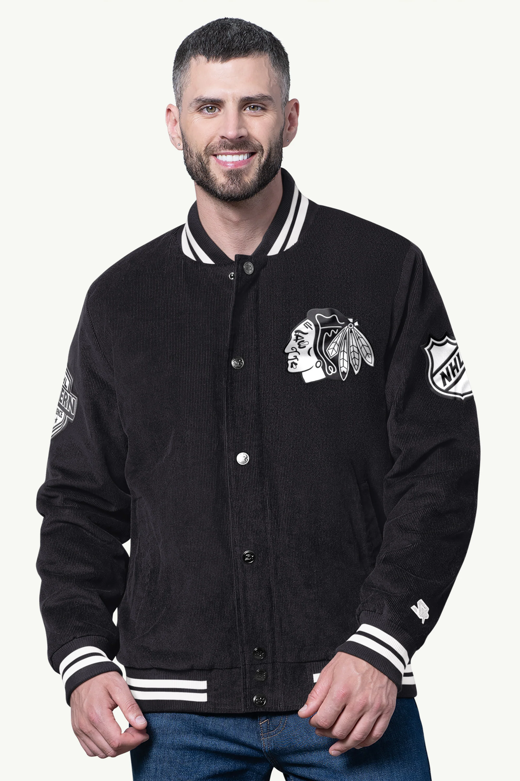 MENS CHICAGO BLACKHAWKS BLACKOUT CORDUROY VARSITY JACKET