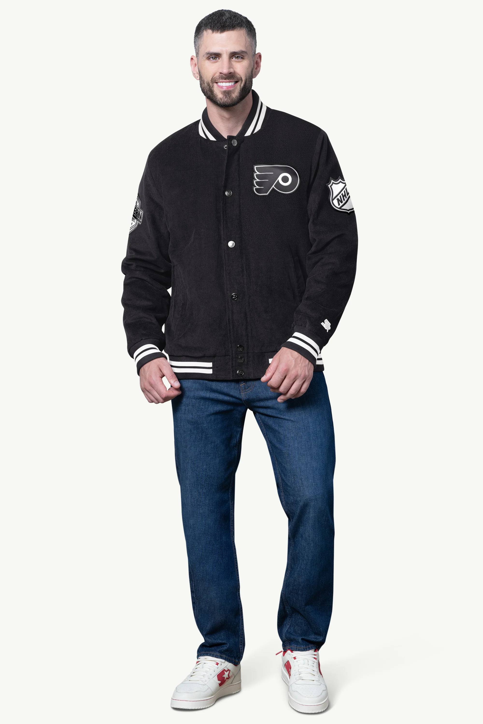 MENS PHILADELPHIA FLYERS BLACKOUT CORDUROY VARSITY JACKET - Image 3