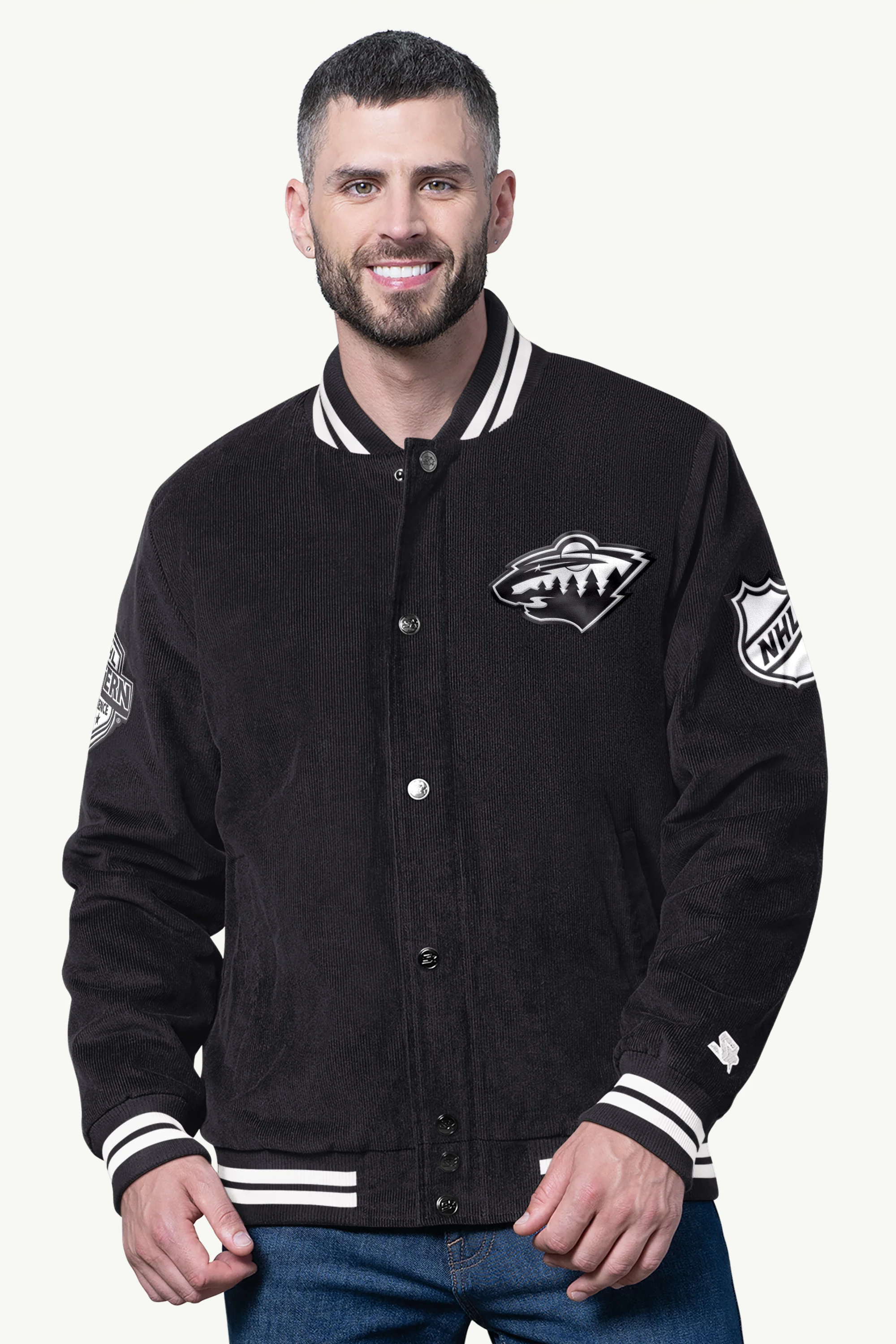 MENS MINNESOTA WILD BLACKOUT CORDUROY VARSITY JACKET
