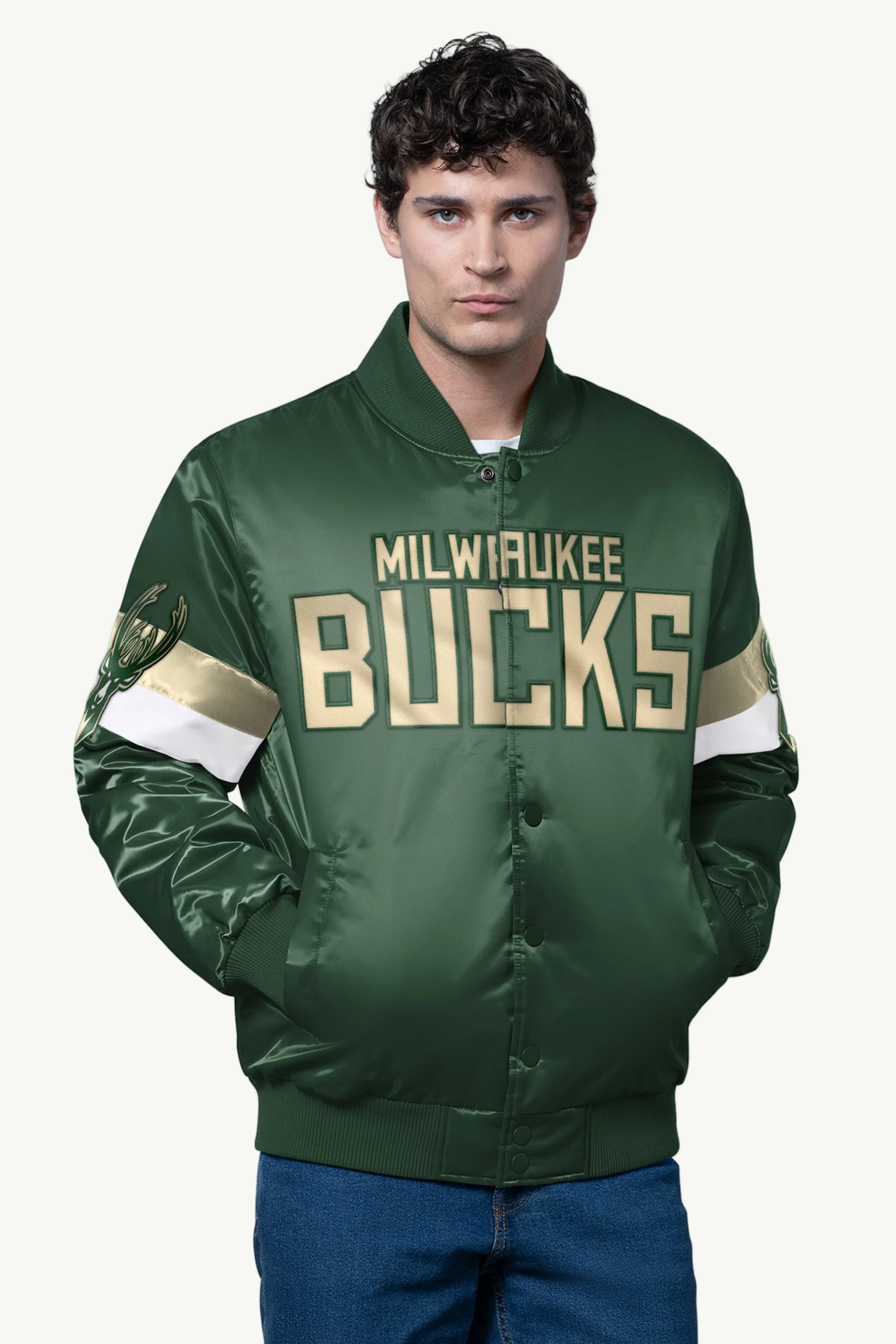 MENS MILWAUKEE BUCKS TRIPLE OPTION SATIN VARSITY JACKET