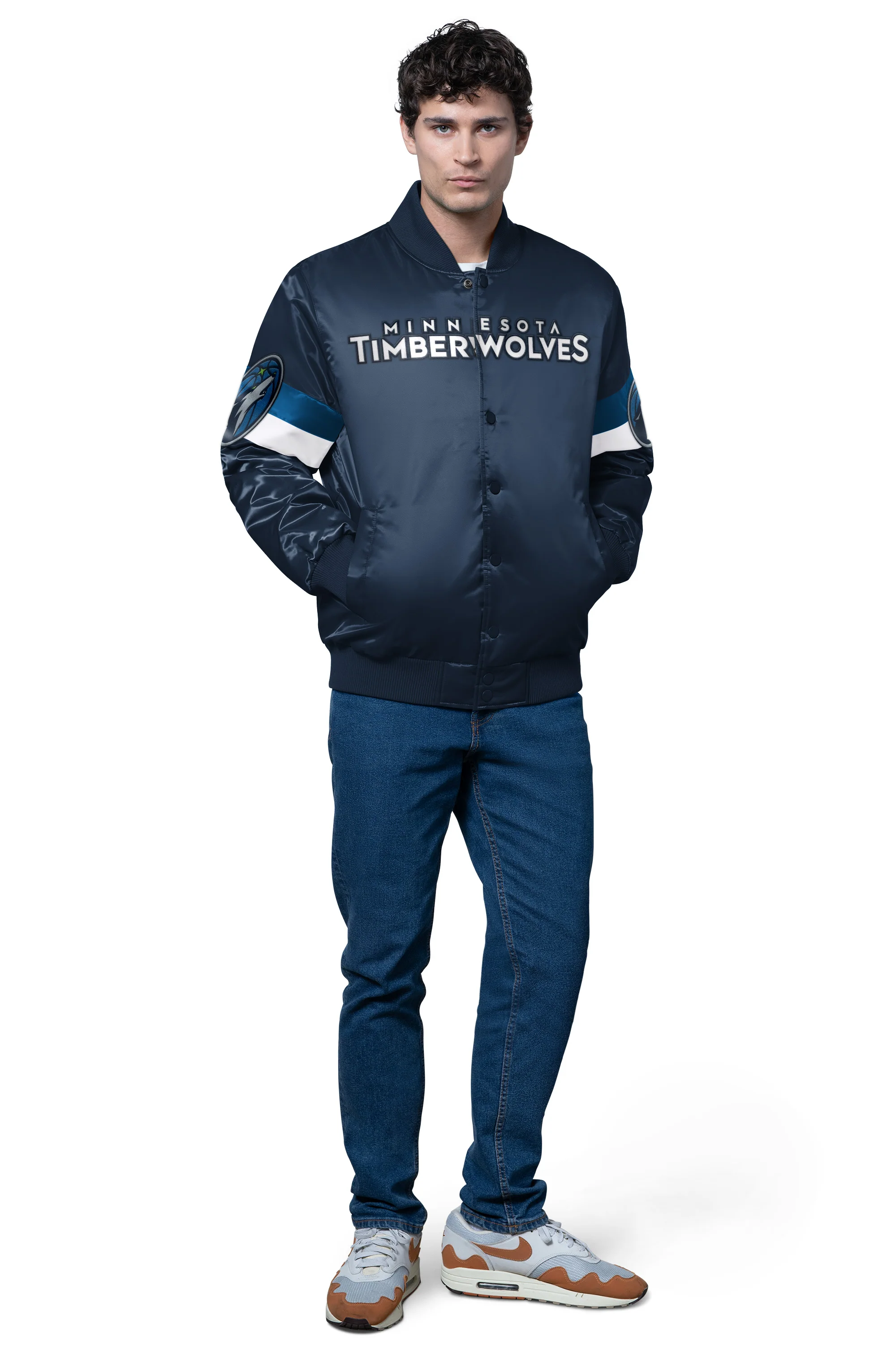 MENS MINNESOTA TIMBERWOLVES TRIPLE OPTION SATIN VARSITY JACKET - Image 2