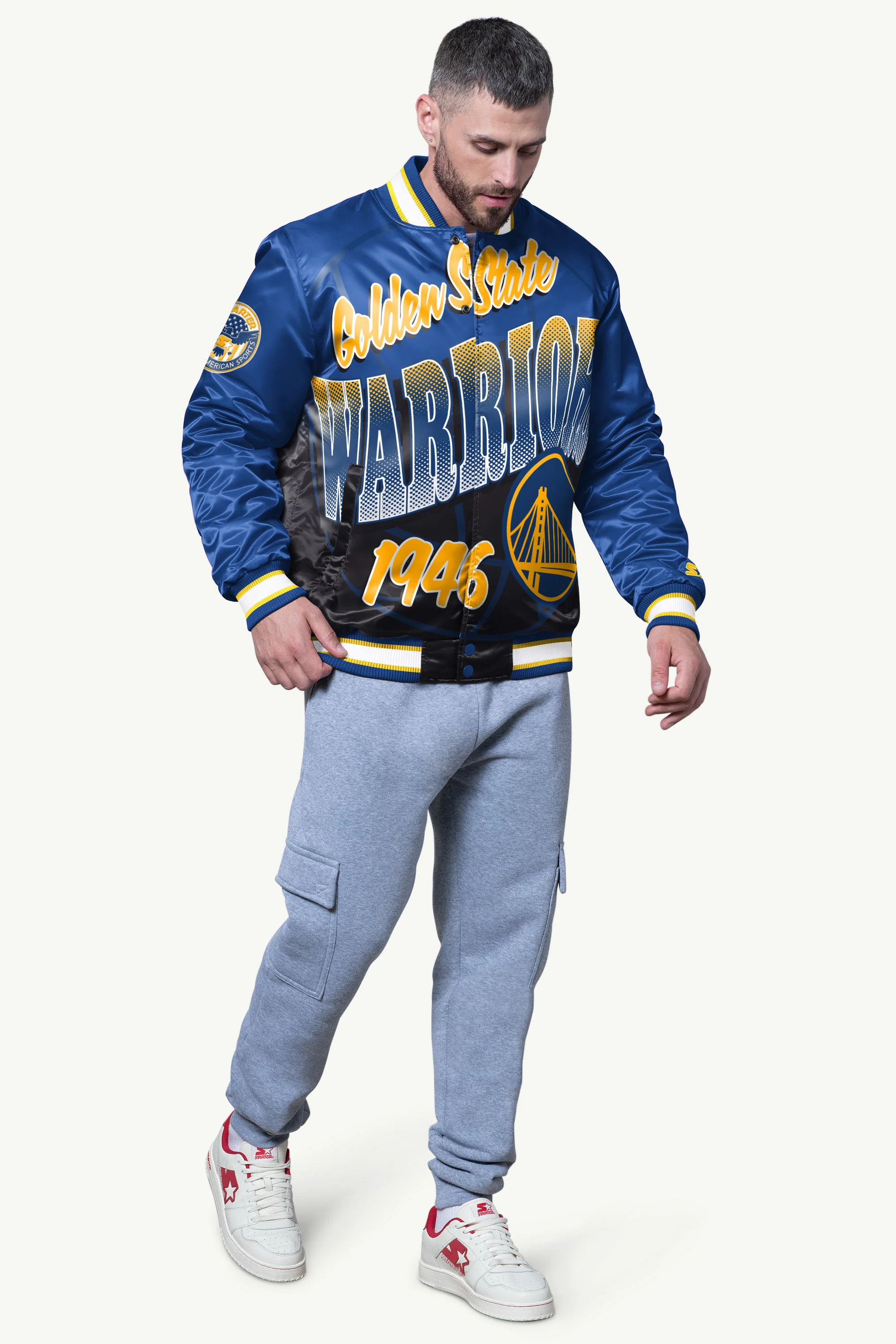 MENS GOLDEN STATE WARRIORS PASS RUSH SATIN VARSITY JACKET - Image 3