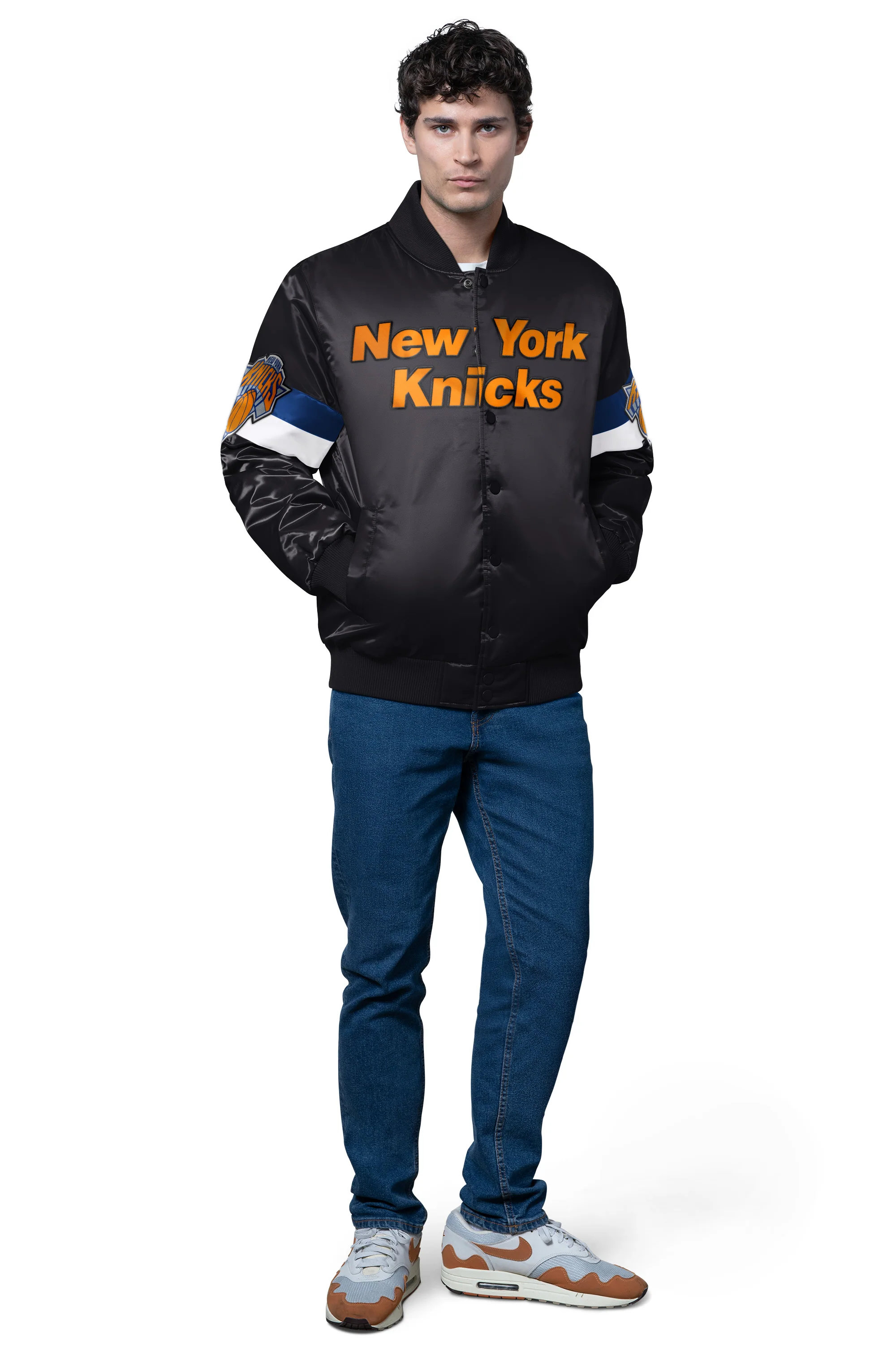 MENS NEW YORK KNICKS TRIPLE OPTION SATIN VARSITY JACKET - Image 3