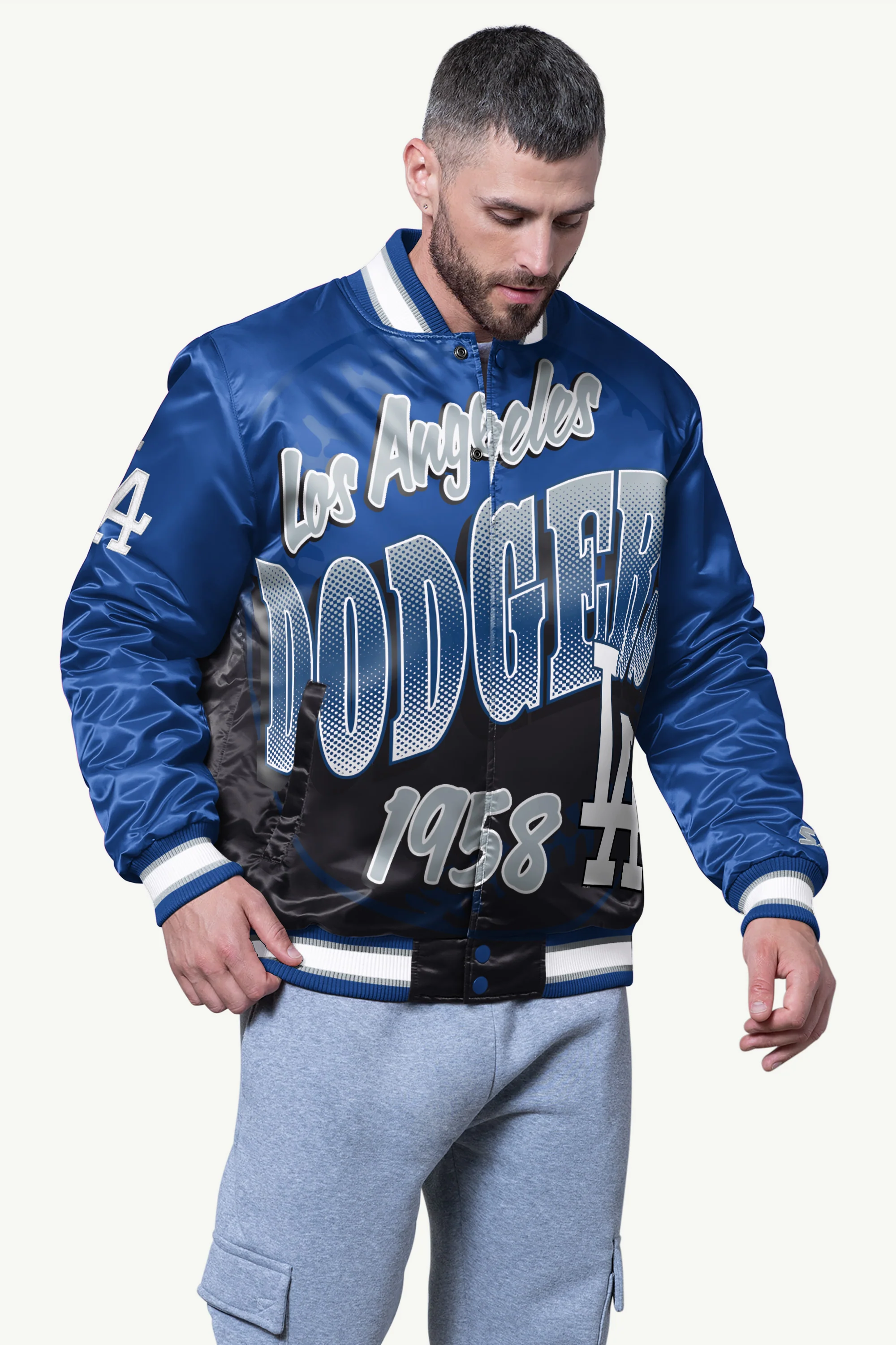 MENS LOS ANGELES DODGERS PASS RUSH SATIN VARSITY JACKET