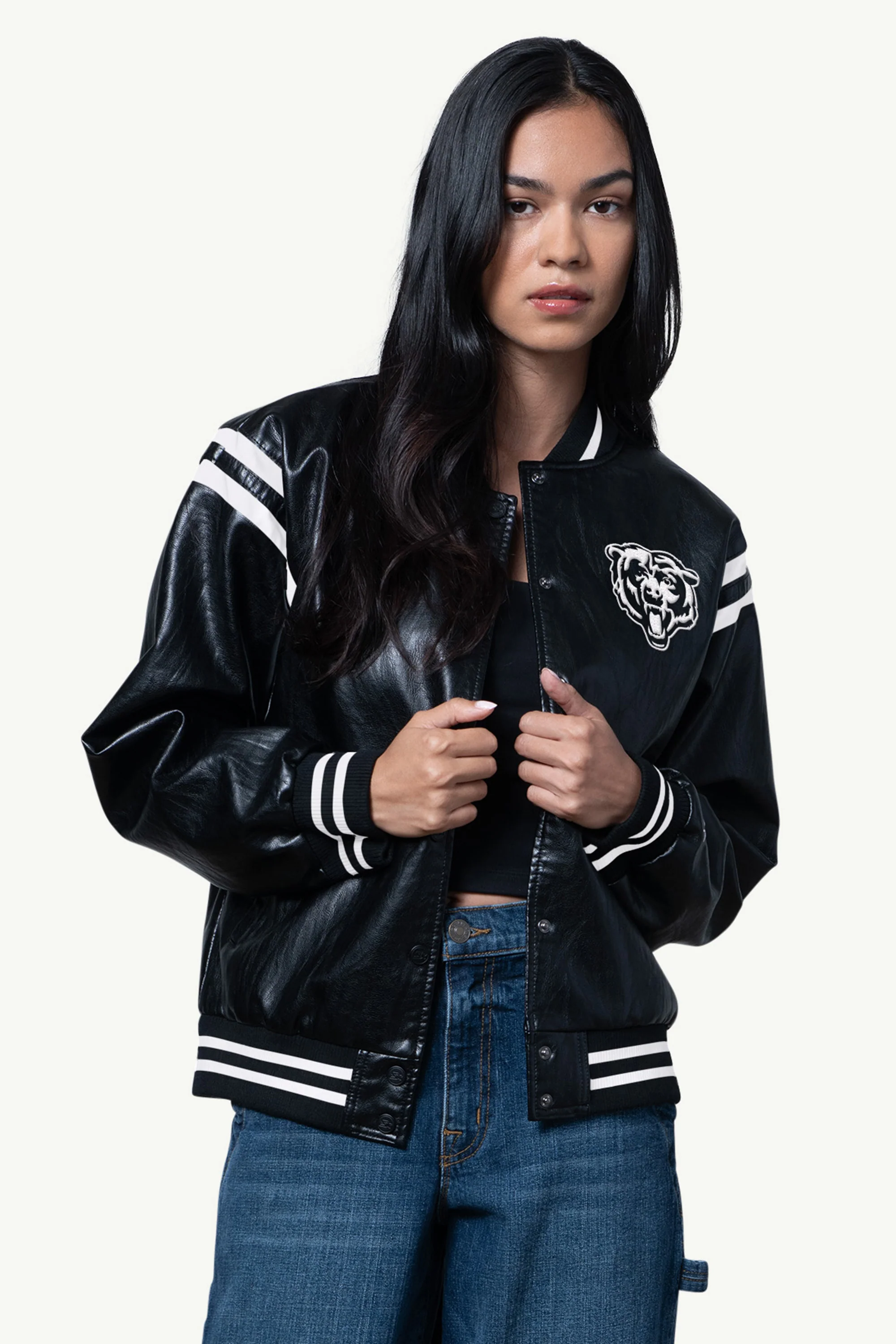 WOMENS CHICAGO BEARS FAUX LEATHER VARSITY JACKET