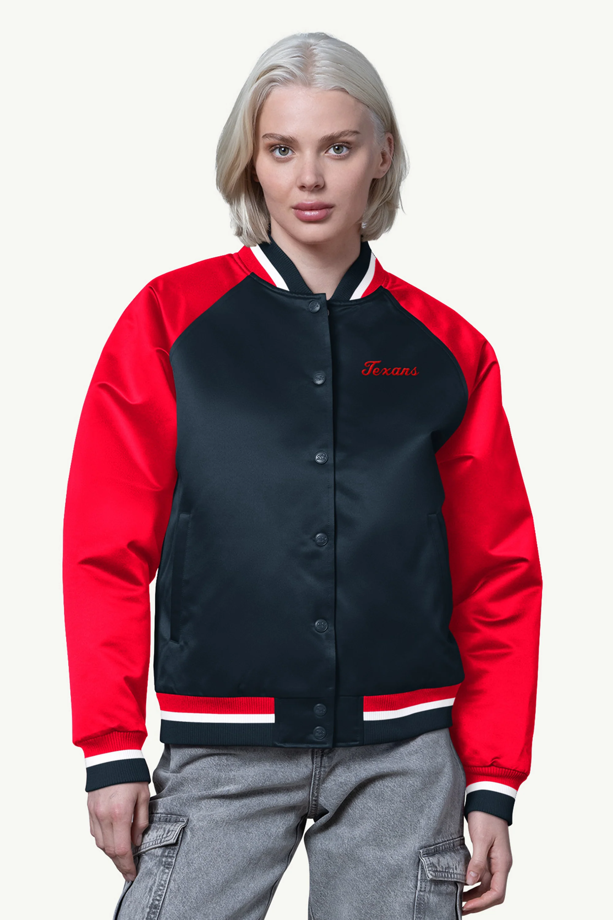 WOMENS HOUSTON TEXANS FINAL SCORE SATIN VARSITY JACKET