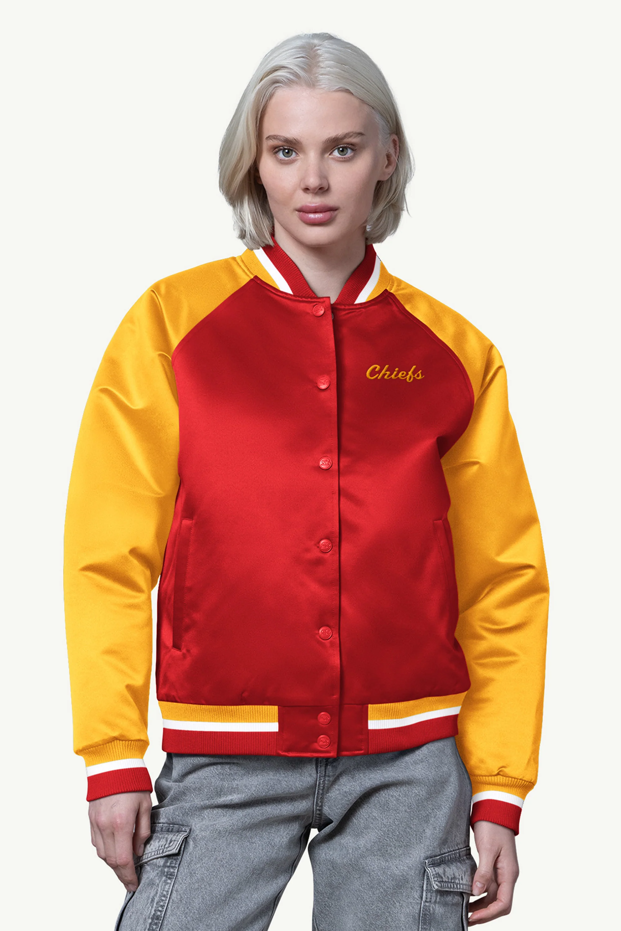 WOMENS KANSAS CITY CHIEFS FINAL SCORE SATIN VARSITY JACKET