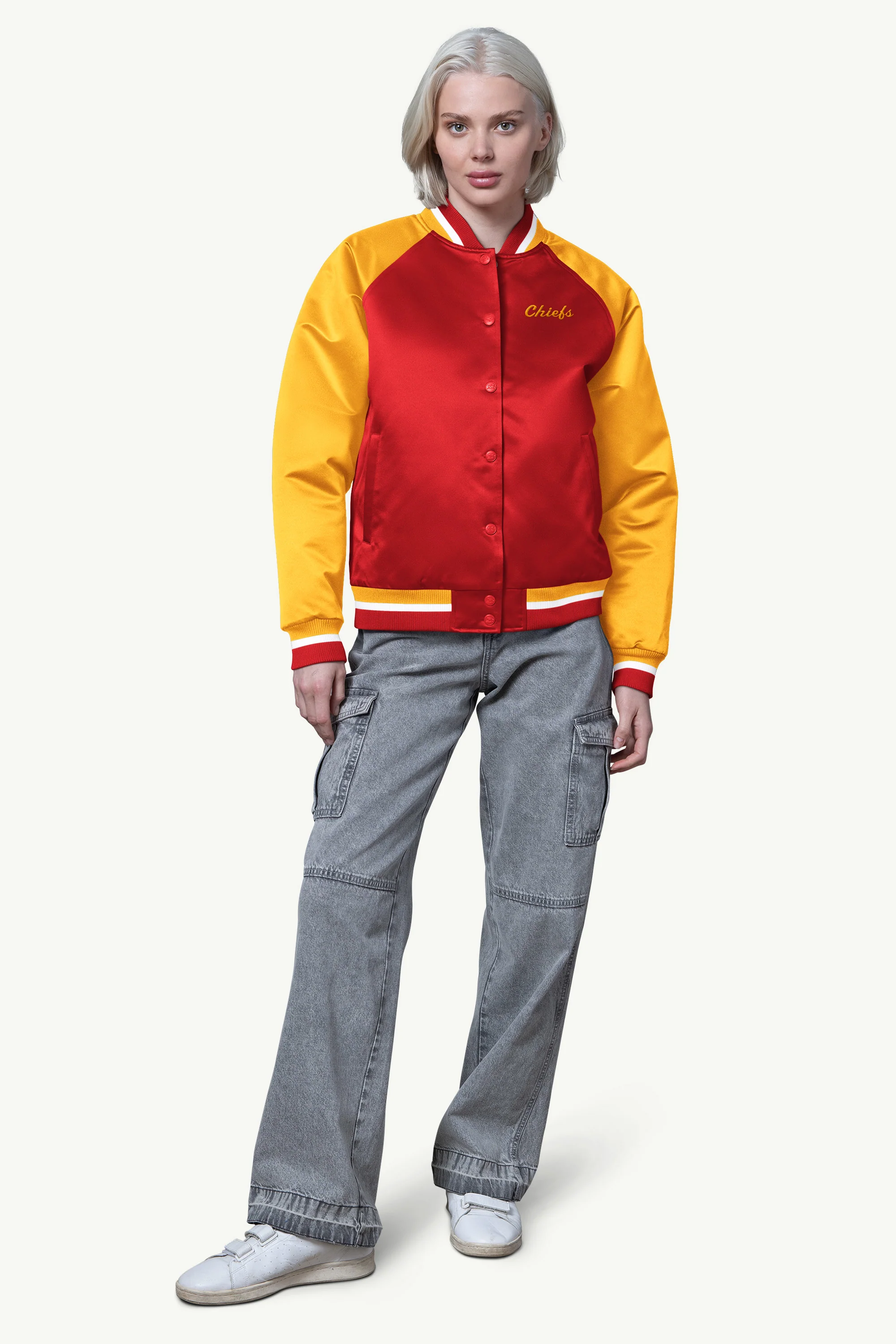 WOMENS KANSAS CITY CHIEFS FINAL SCORE SATIN VARSITY JACKET - Image 3
