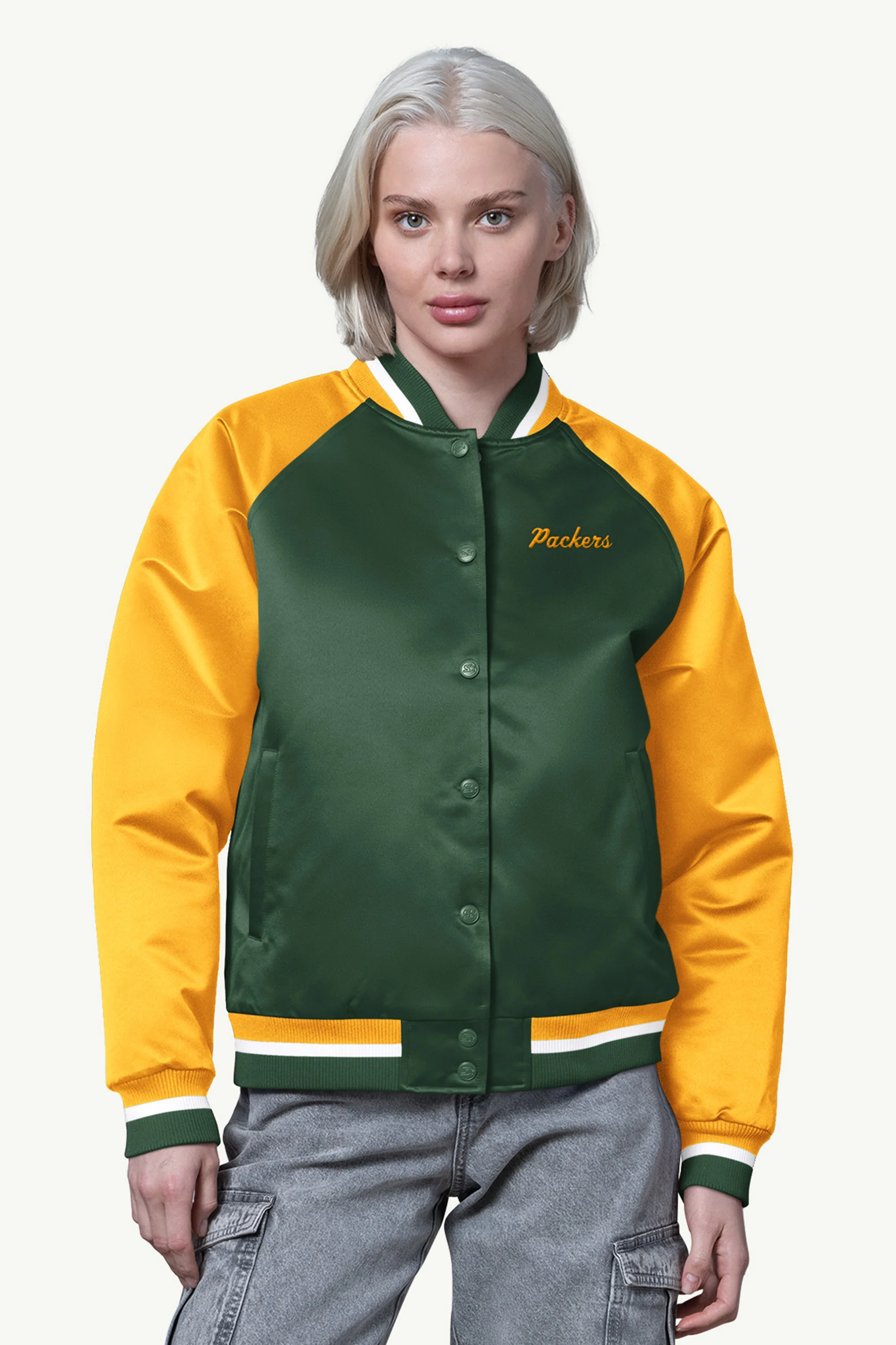 WOMENS GREEN BAY PACKERS FINAL SCORE SATIN VARSITY JACKET