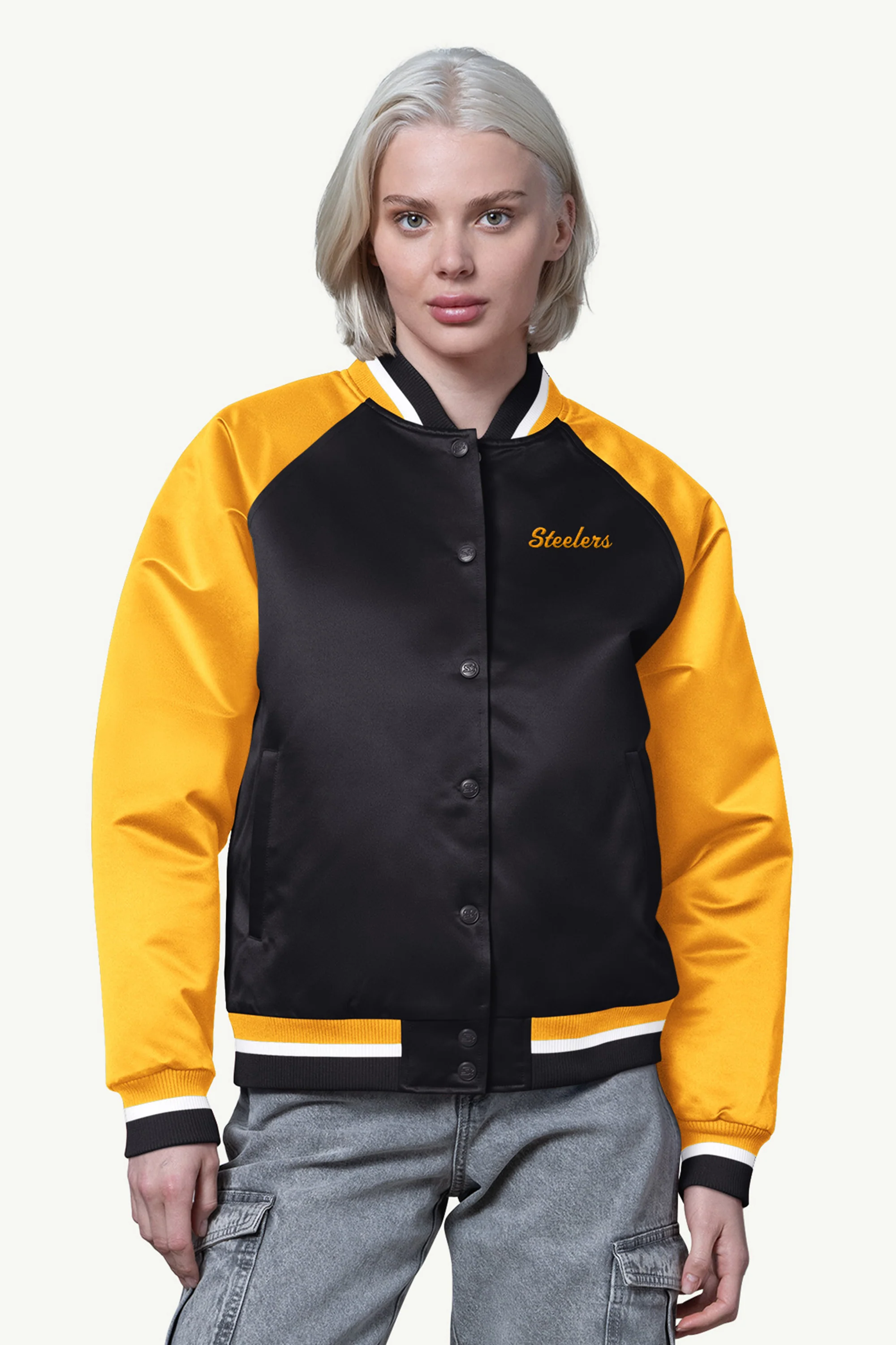 WOMENS PITTSBURGH STEELERS FINAL SCORE SATIN VARSITY JACKET