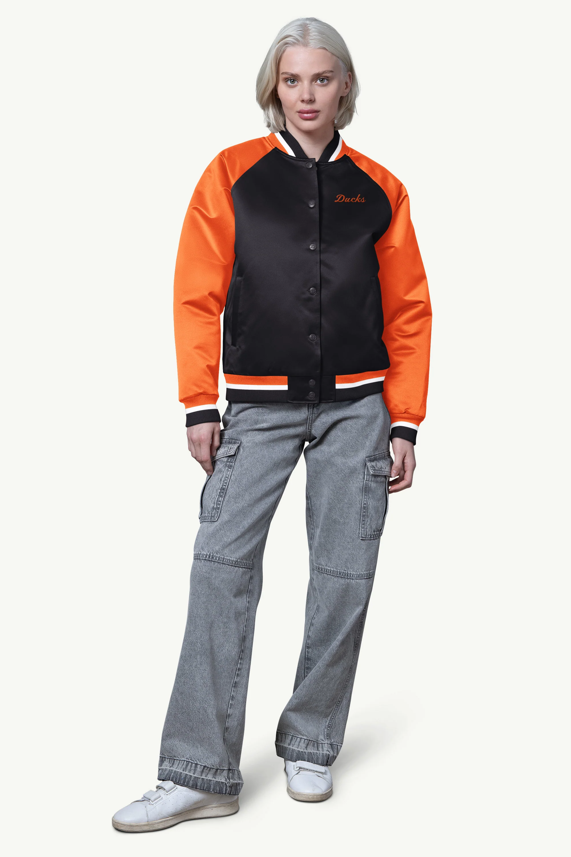 WOMENS ANAHAEIM DUCKS FINAL SCORE SATIN VARSITY JACKET - Image 3