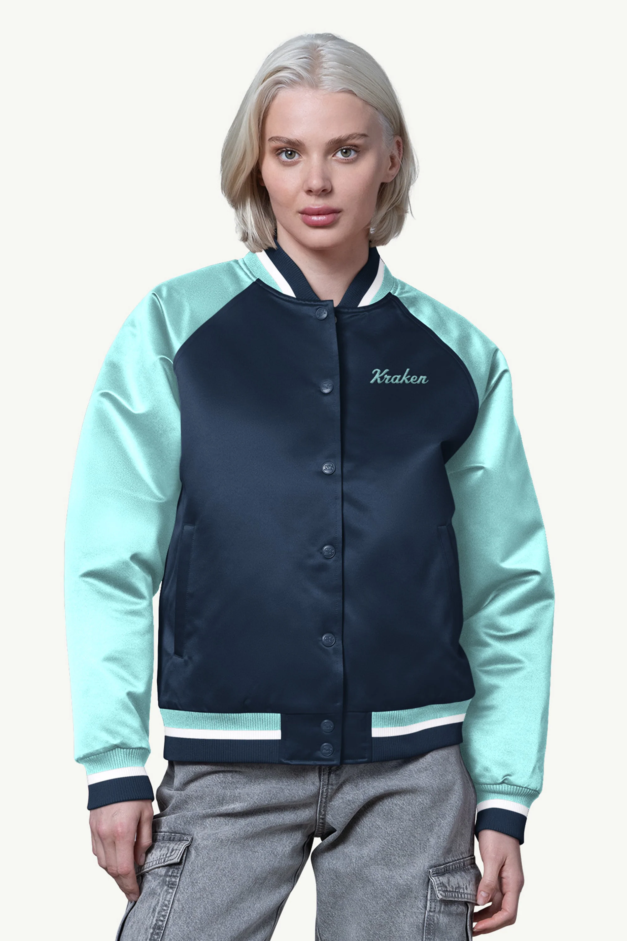 WOMENS SEATTLE KRAKEN FINAL SCORE SATIN VARSITY JACKET