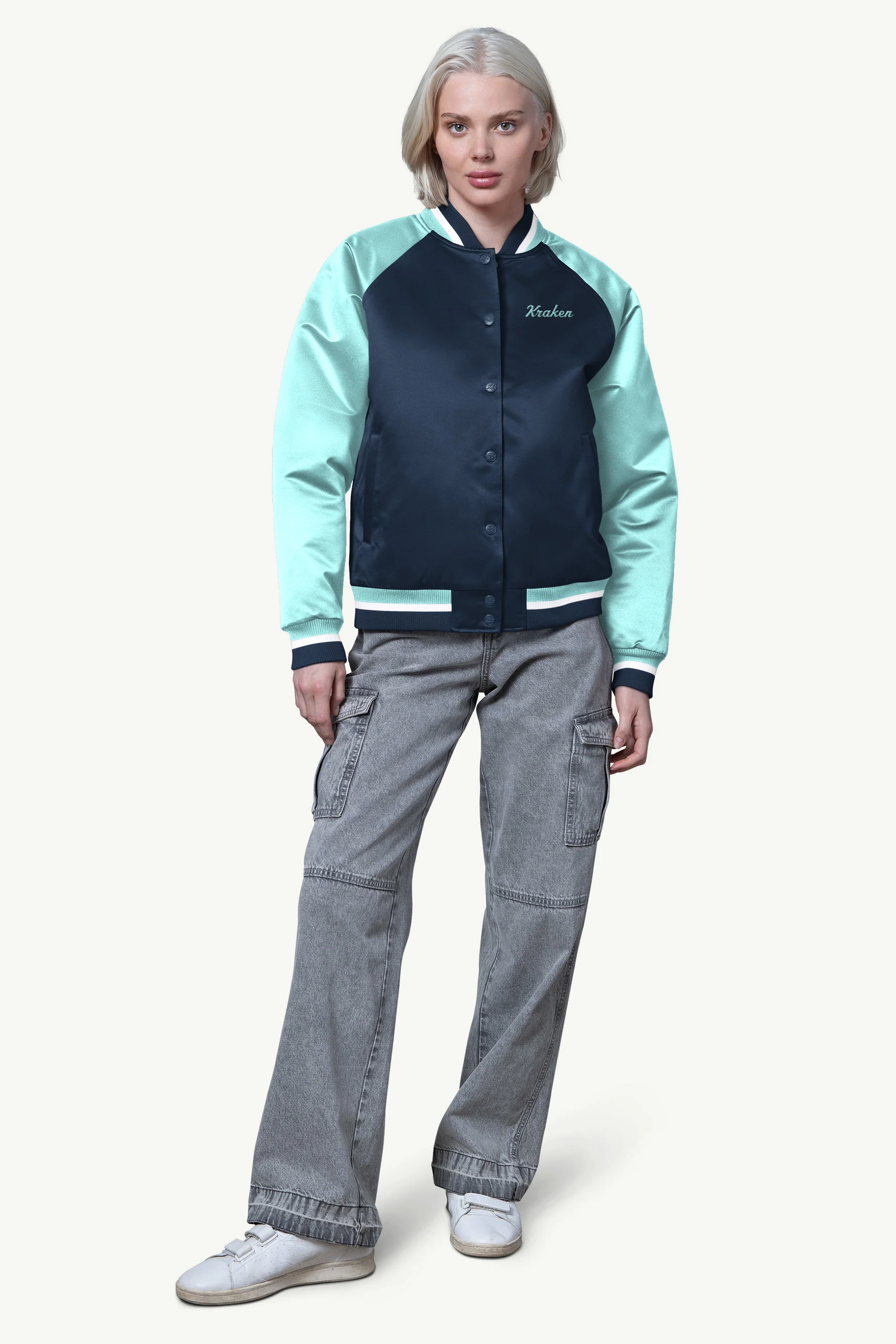 WOMENS SEATTLE KRAKEN FINAL SCORE SATIN VARSITY JACKET - Image 3