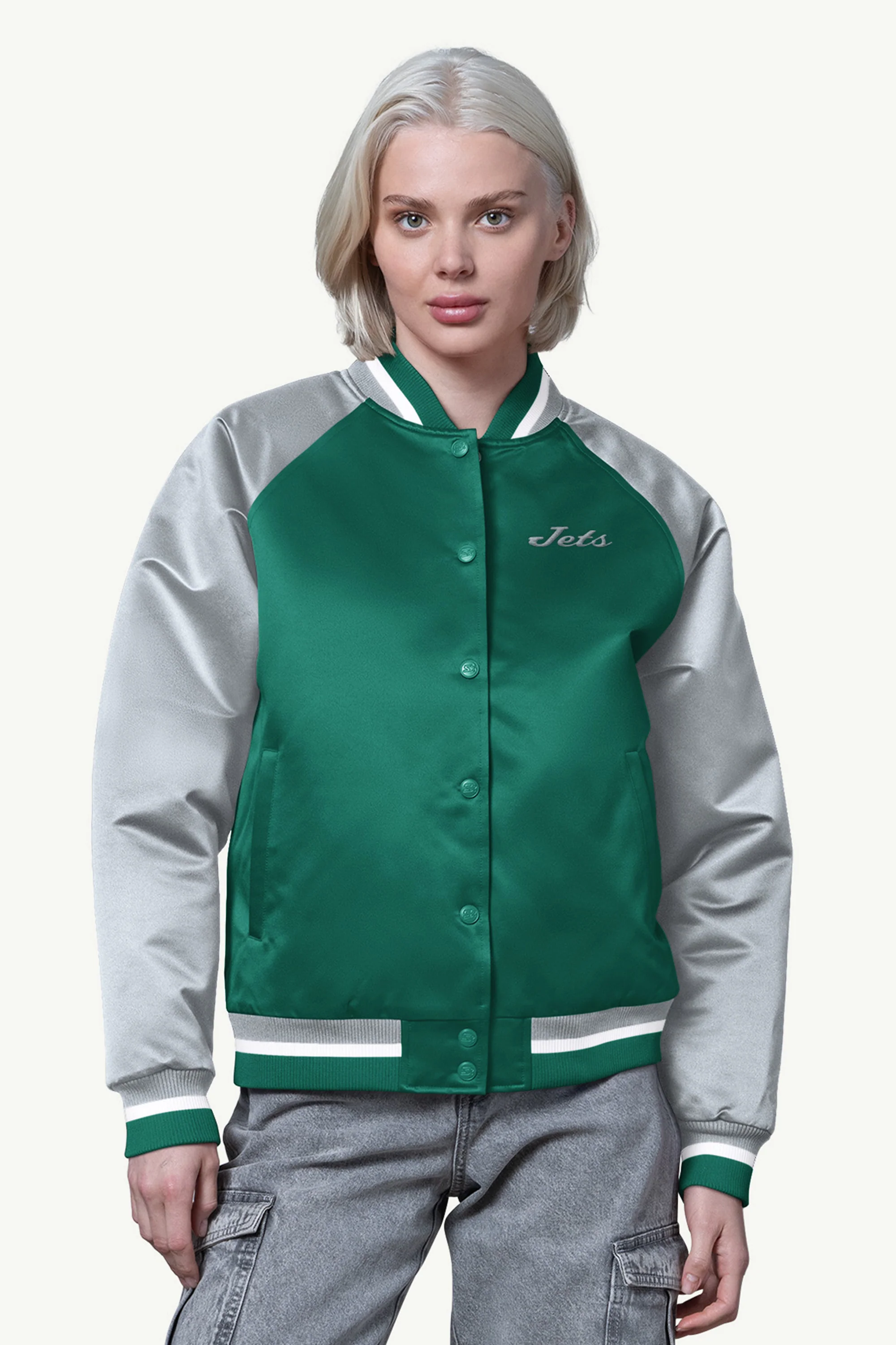 WOMENS NEW YORK JETS FINAL SCORE SATIN VARSITY JACKET