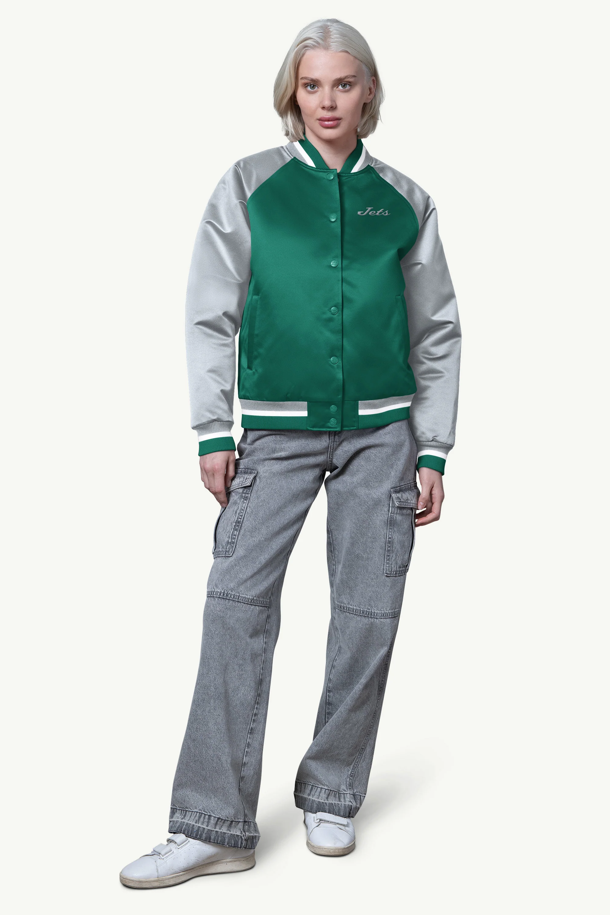 WOMENS NEW YORK JETS FINAL SCORE SATIN VARSITY JACKET - Image 3