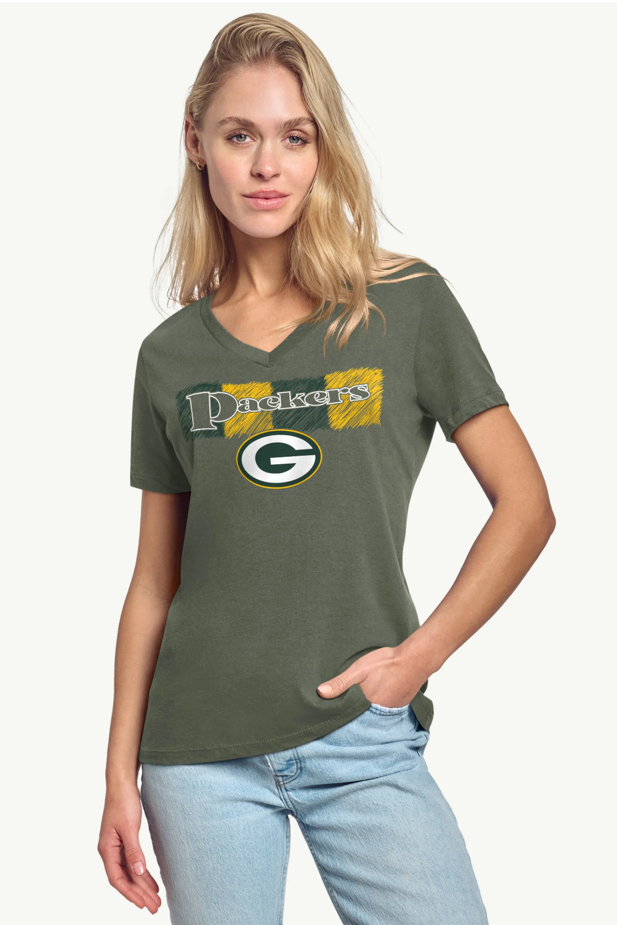 WOMENS GREEN BAY PACKERS COLOR SHADING V-NECK T SHIRT - Image 2