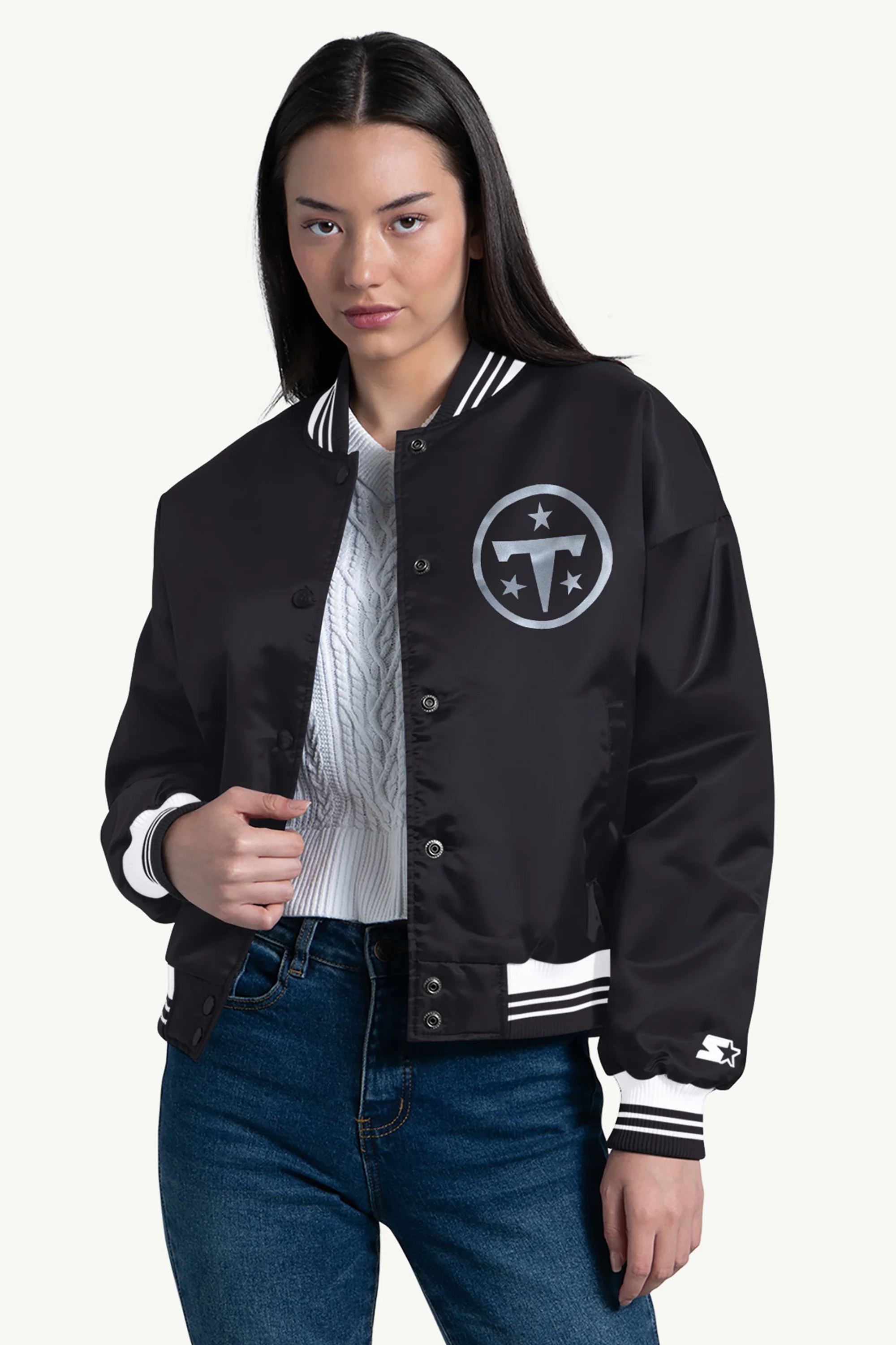 WOMENS TENNESSEE TITANS SCRIPT SATIN VARSITY JACKET