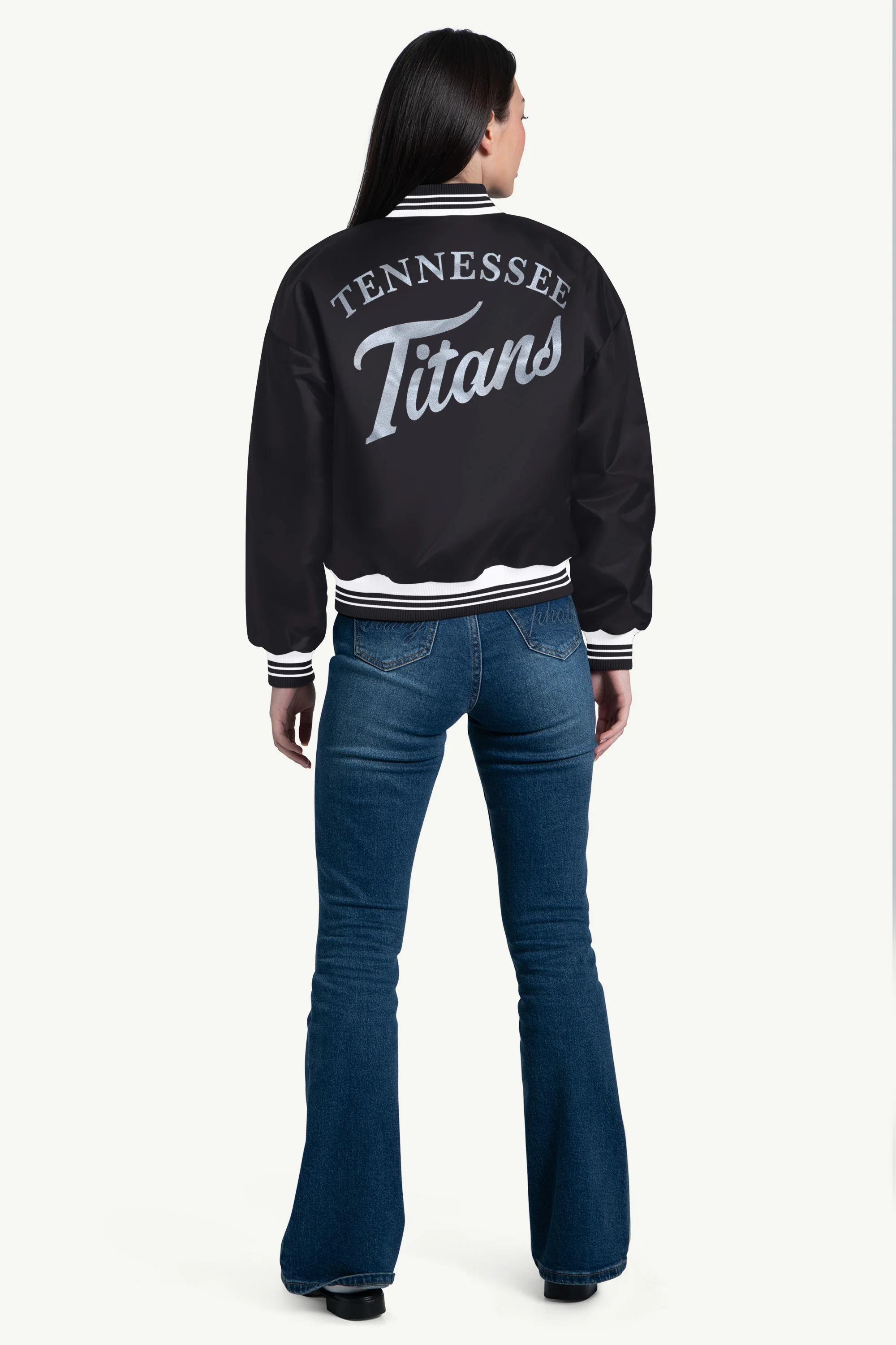 WOMENS TENNESSEE TITANS SCRIPT SATIN VARSITY JACKET - Image 2