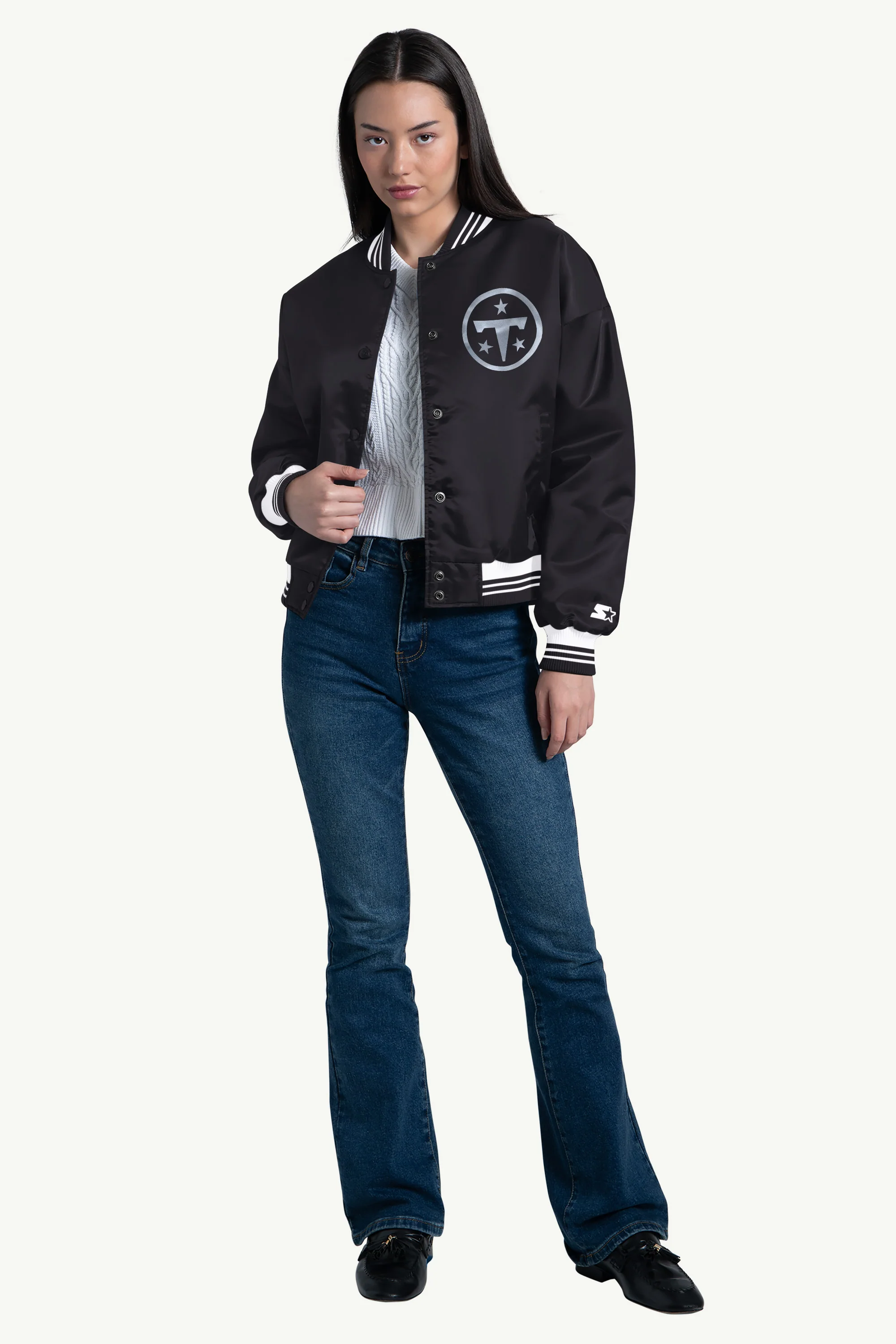 WOMENS TENNESSEE TITANS SCRIPT SATIN VARSITY JACKET - Image 3