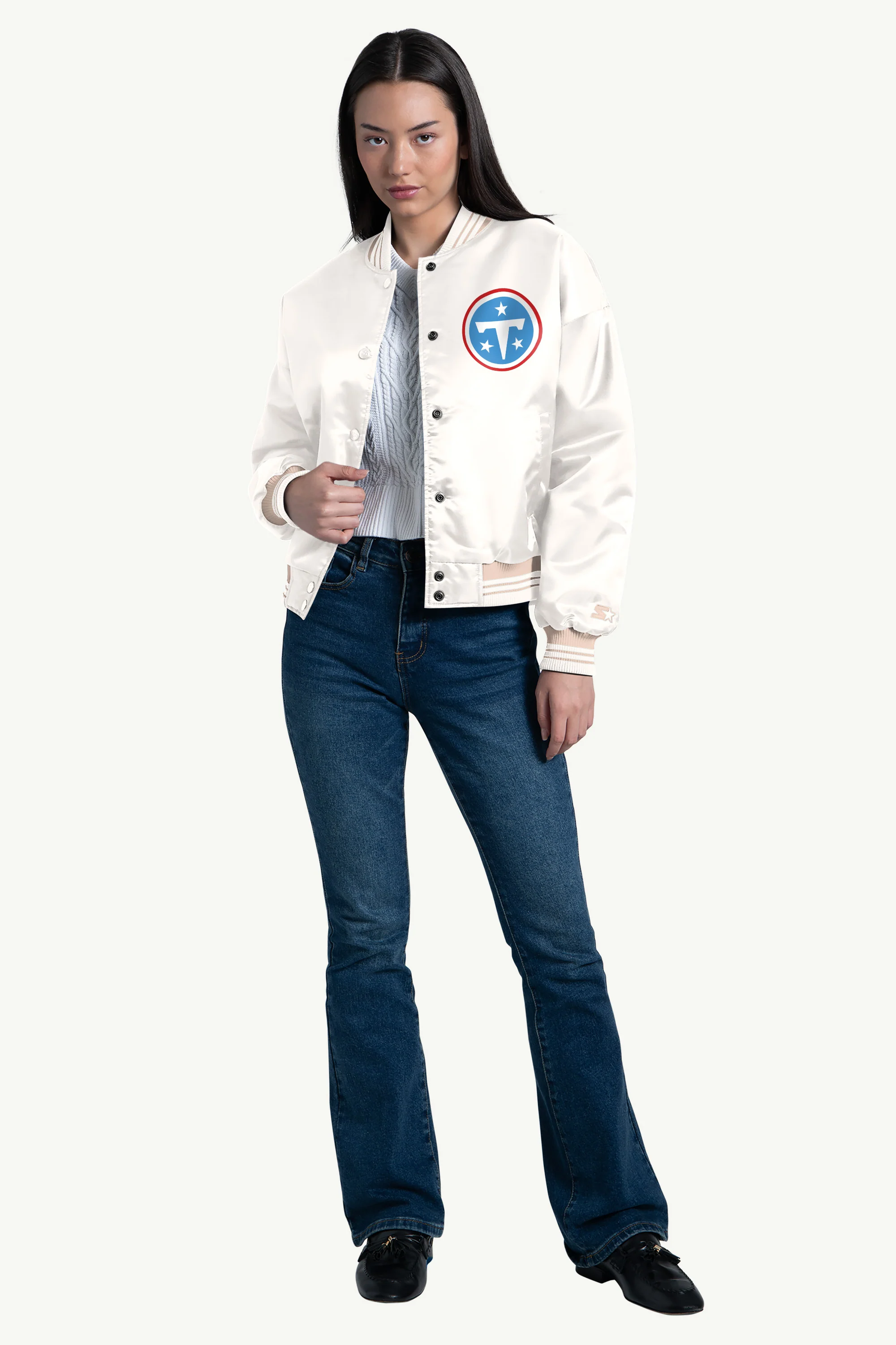 WOMENS TENNESSEE TITANS SCRIPT SATIN VARSITY JACKET - Image 3